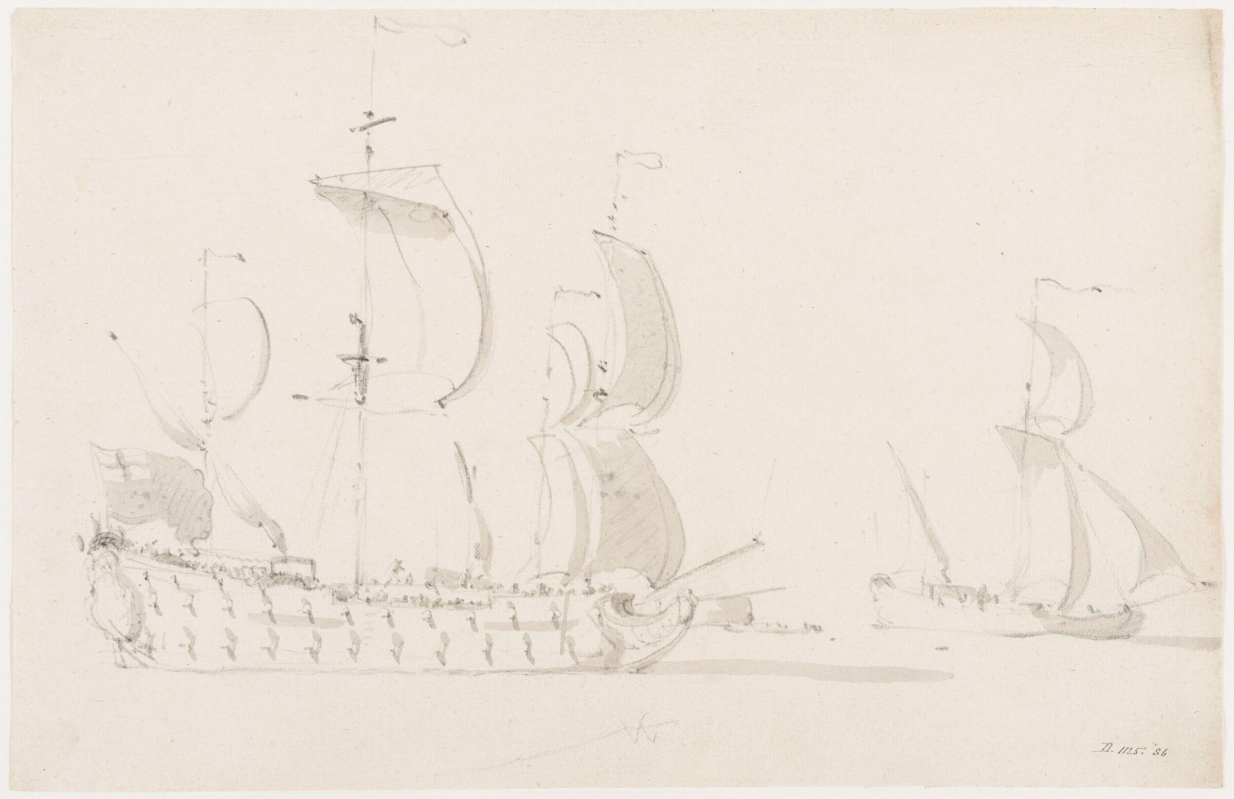 An English two-decker and a Hoeker before the wind; broadside view, willem van de velde, 17th century