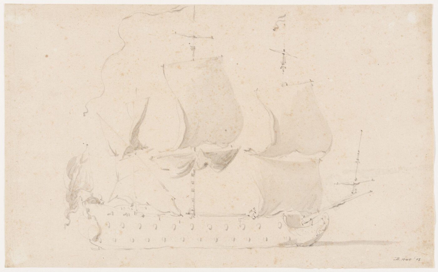 willem van de velde the younger, An English two-decker under sail, broadside view