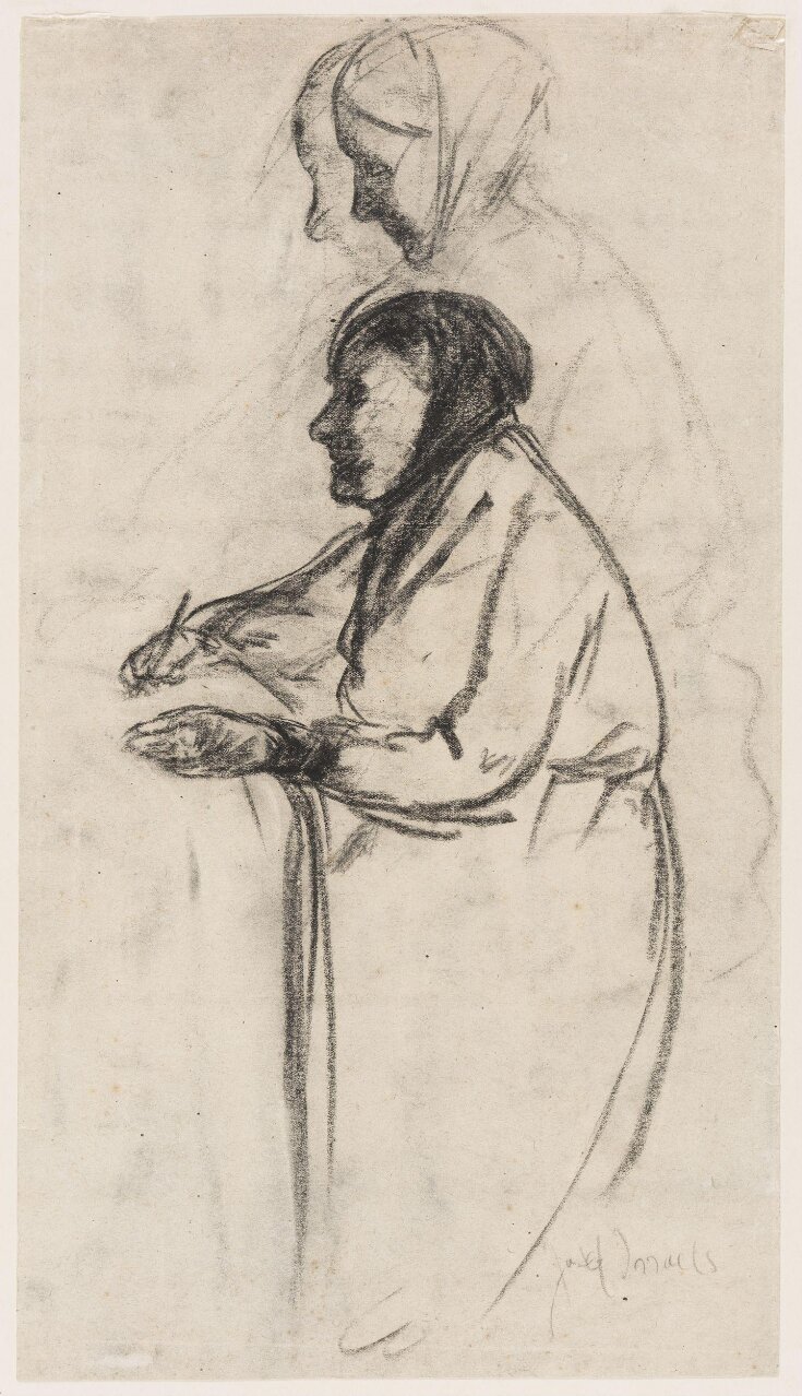 recto: Three-quarter-length study of an old woman wearing a kerchief and alternative studies for her profile top image