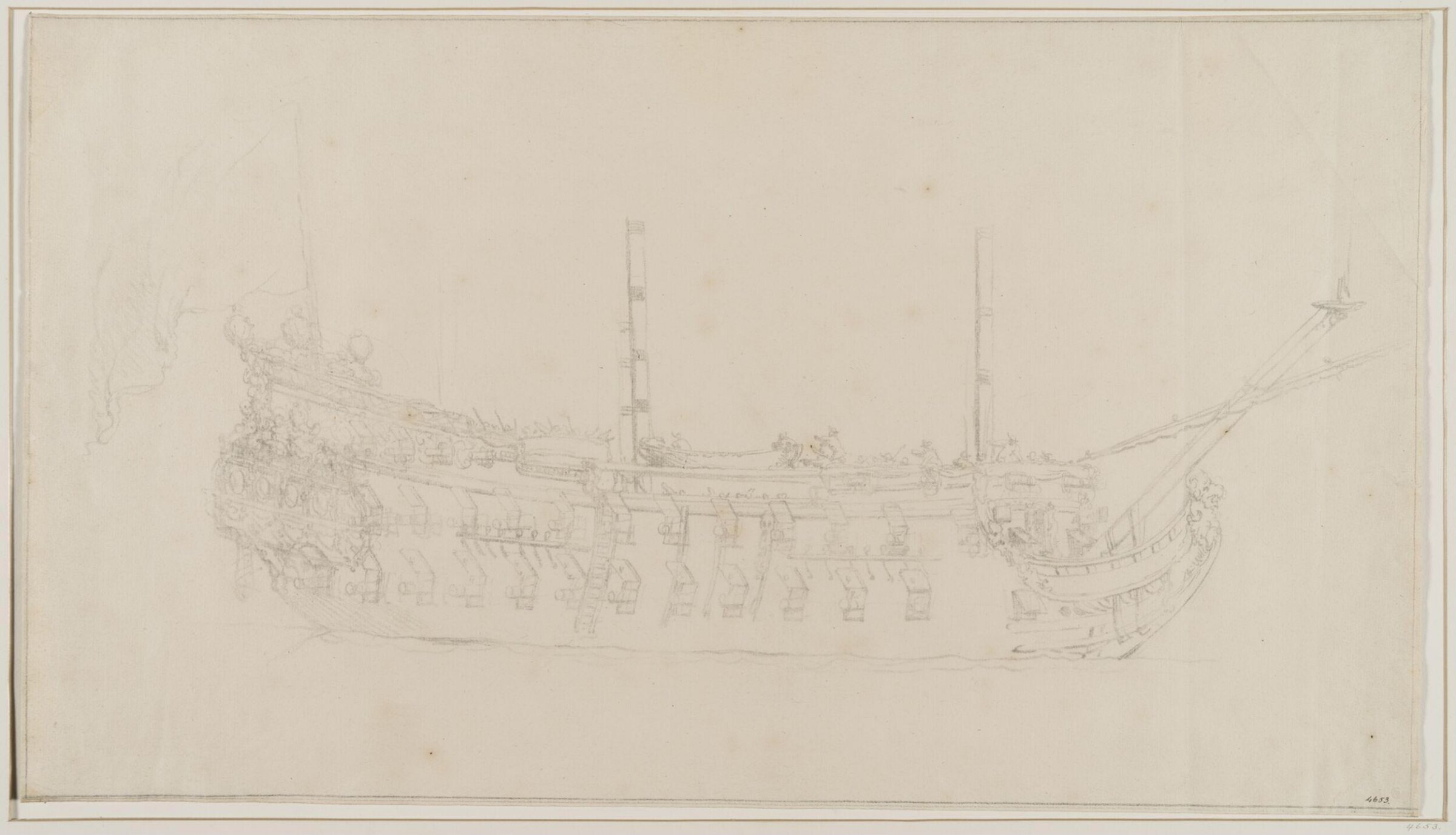 Hull of a French Two-Decker; Broadside View, Willem van de Velde the Elder