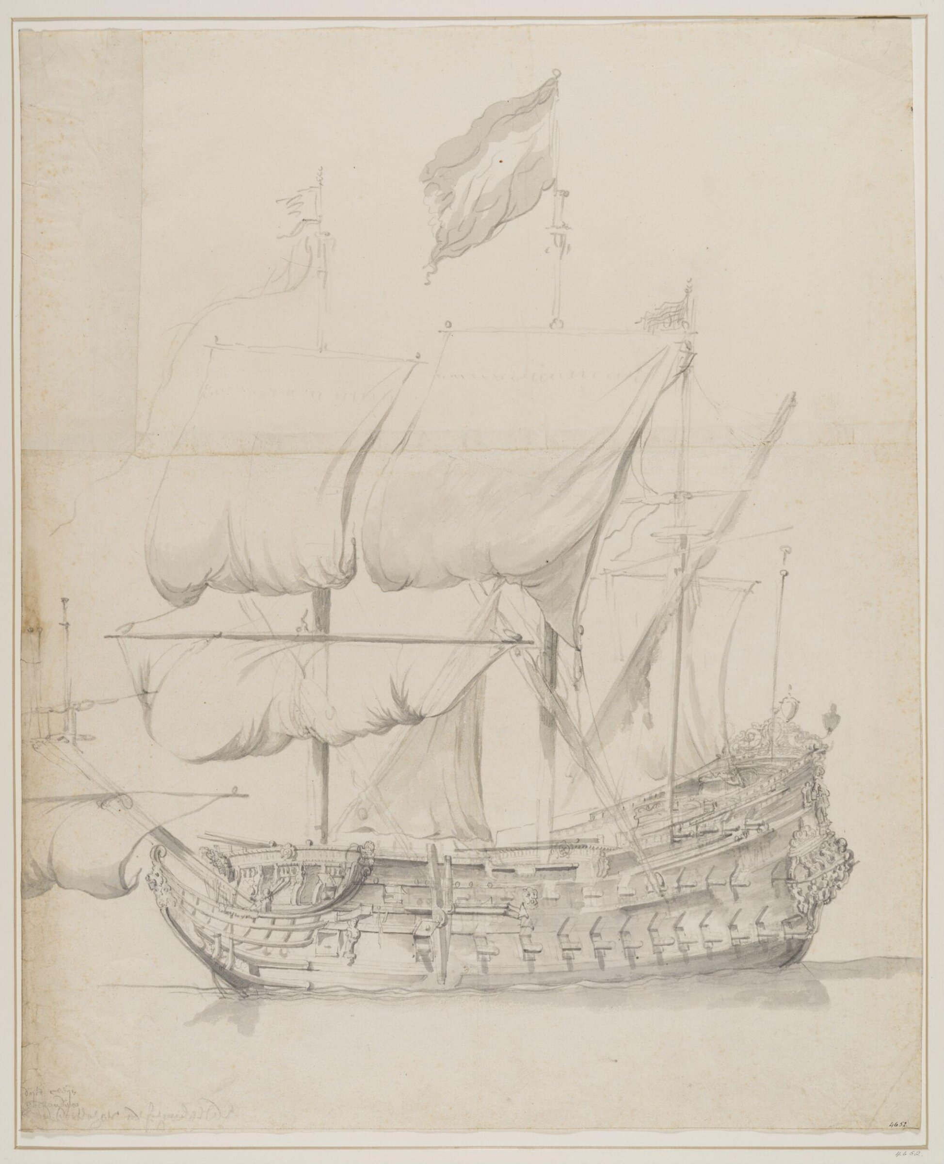 A Two-Decker, Probably the Dutch Ship <i>Klein Hollandia</i>, Sailing Before the Wind; Broadside View [by the elder], Willem van de Velde the Elder, 17th century