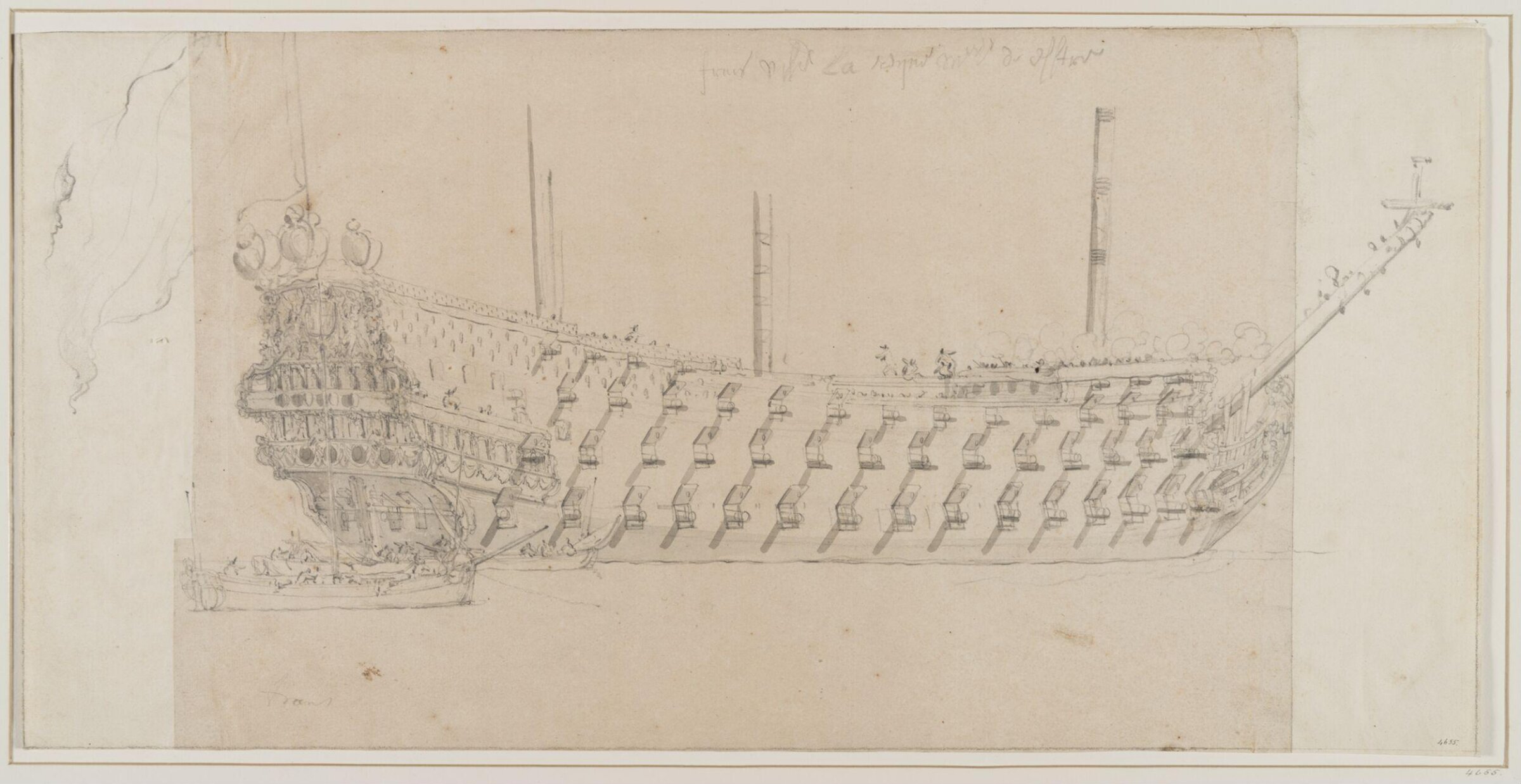 Hull of the French Ship <i>La Reine</i>; Quarter View, Willem van de Velde the Elder, 17th century