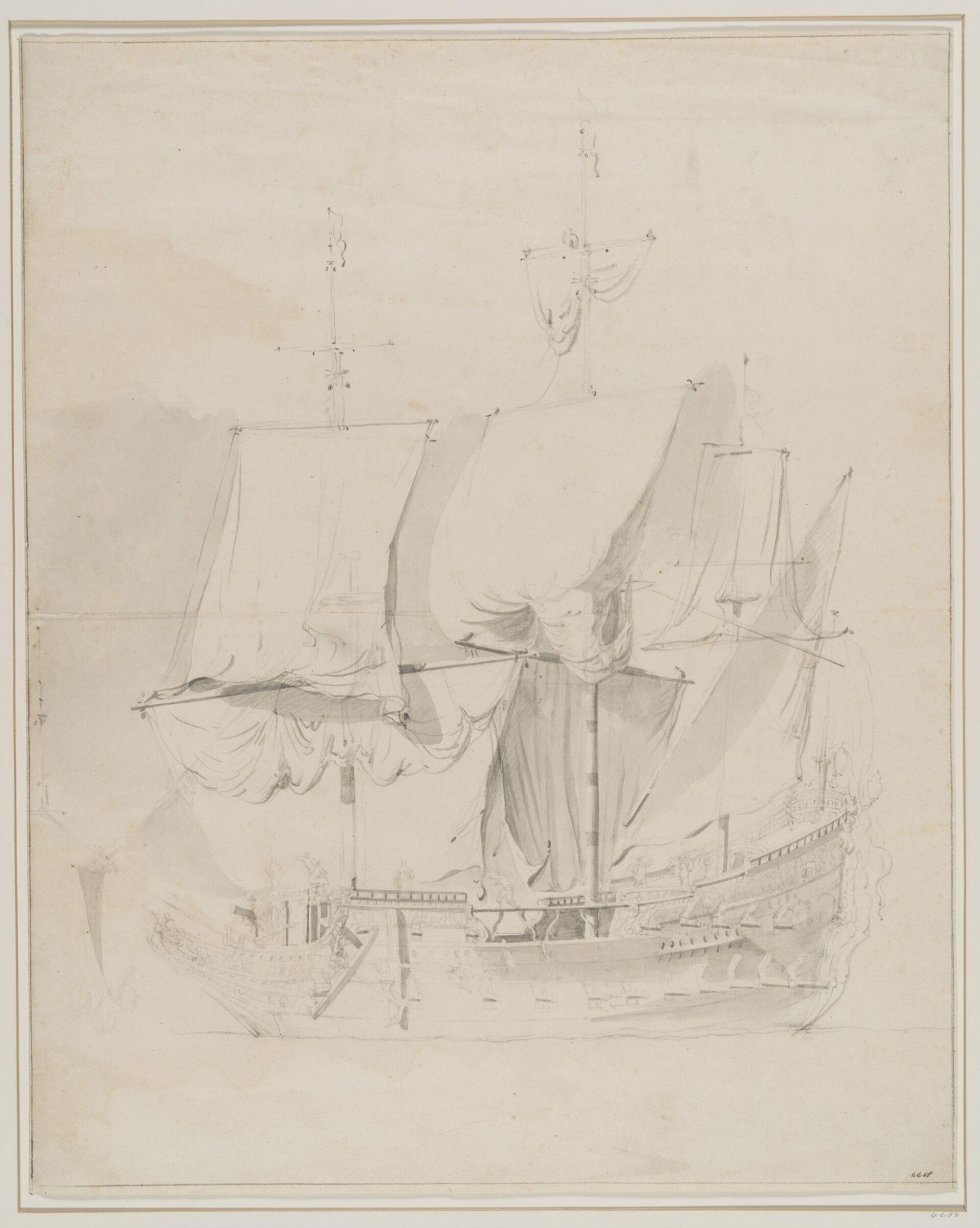 A Square-Rigged Ship, Probably Early English, Hoisting or Furling Sail, Willem van de Velde the Elder, 17th century