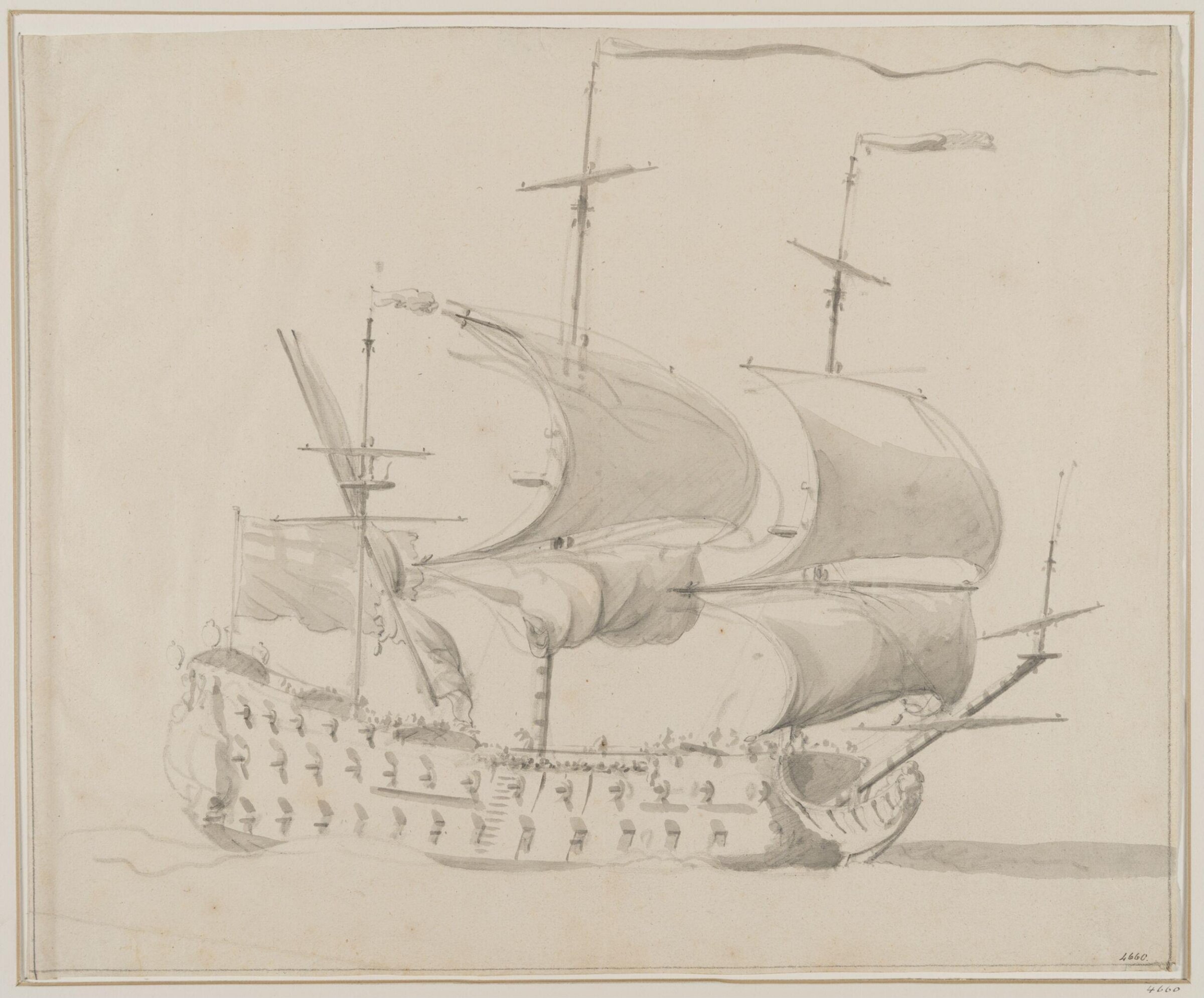 An English Ship Before A Strong Breeze, Willem van de Velde the Elder, 17th century