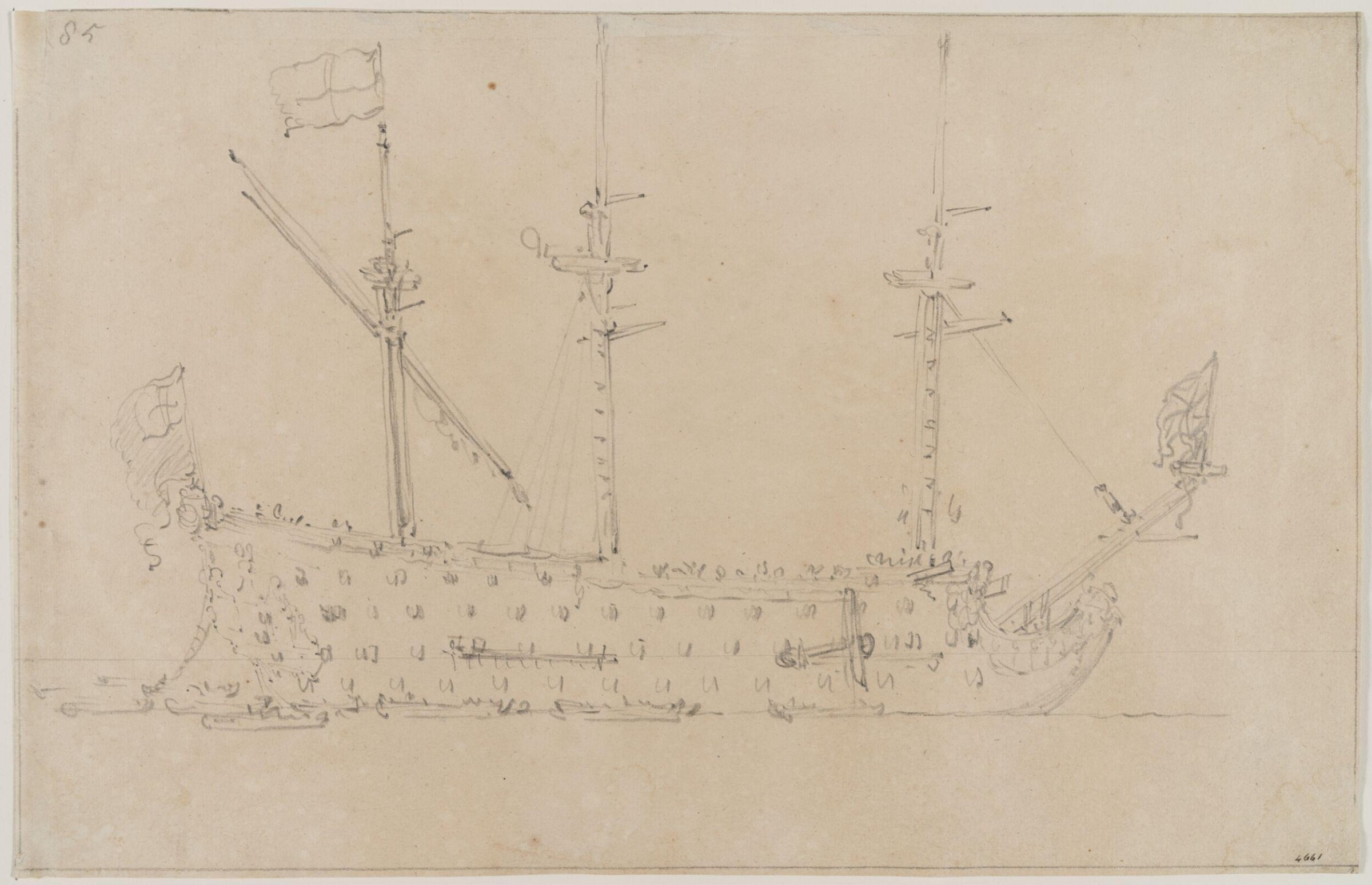 An English Three-Decker at Anchor; Broadside View, Willem van de velde the elder, late 17th century