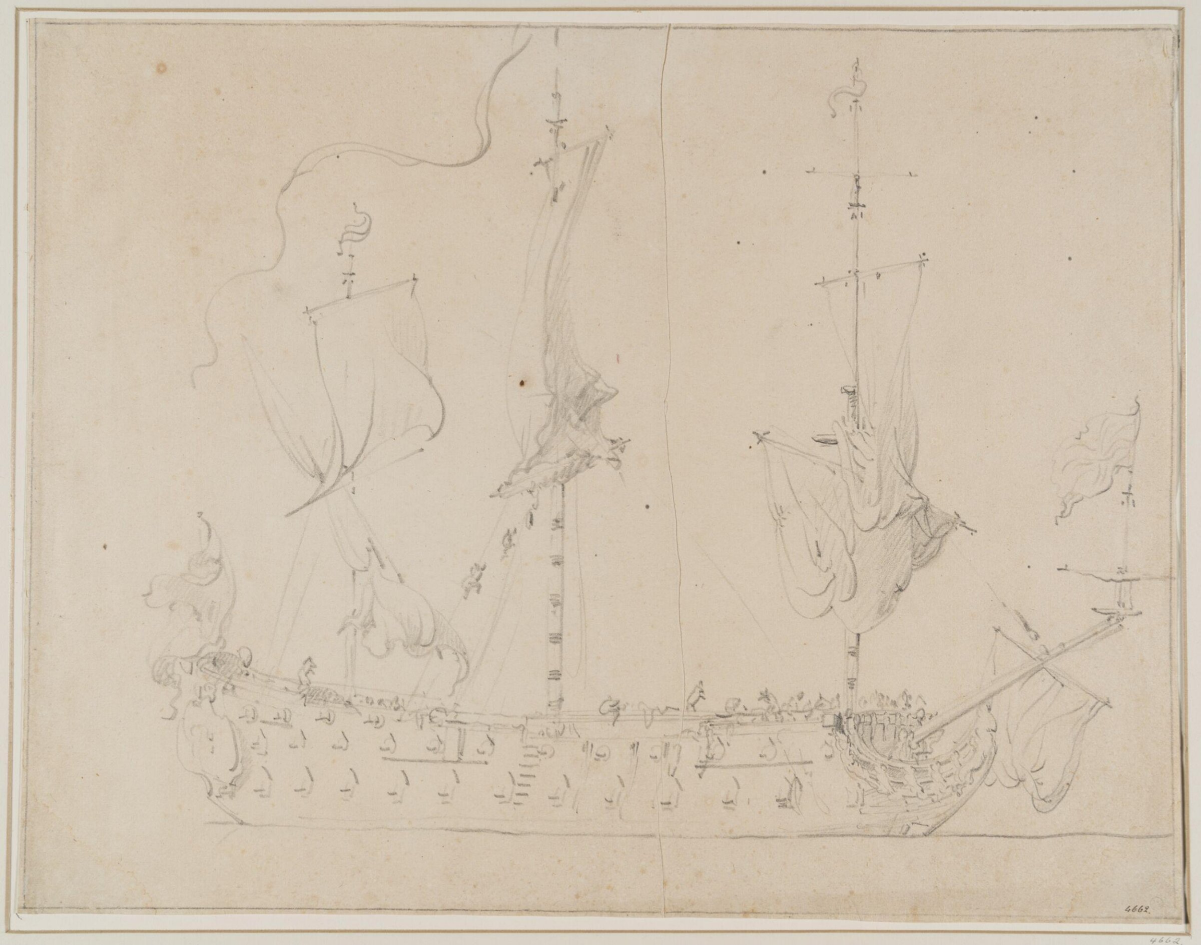An English Ship at Anchor, Drying Sails; Broadside View, Willem van de Velde the Elder, 17th century