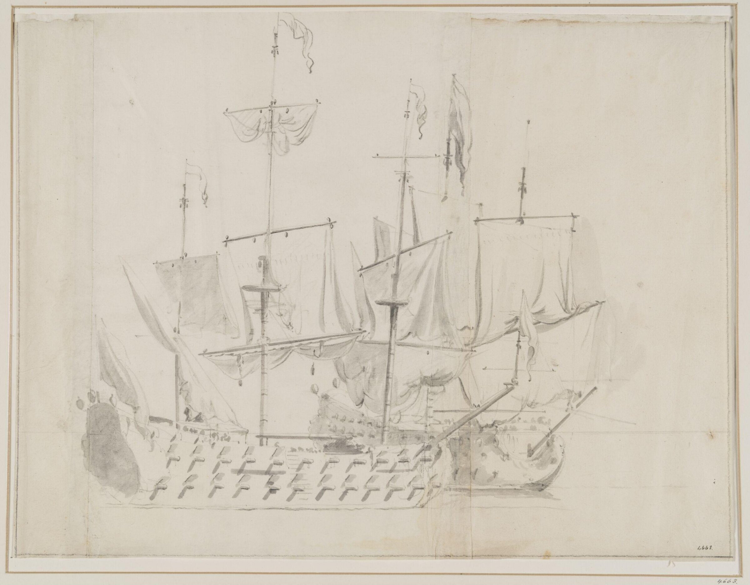 Two English Ships Becalmed and Drying Sails, Willem van de Velde the Elder, 17th century