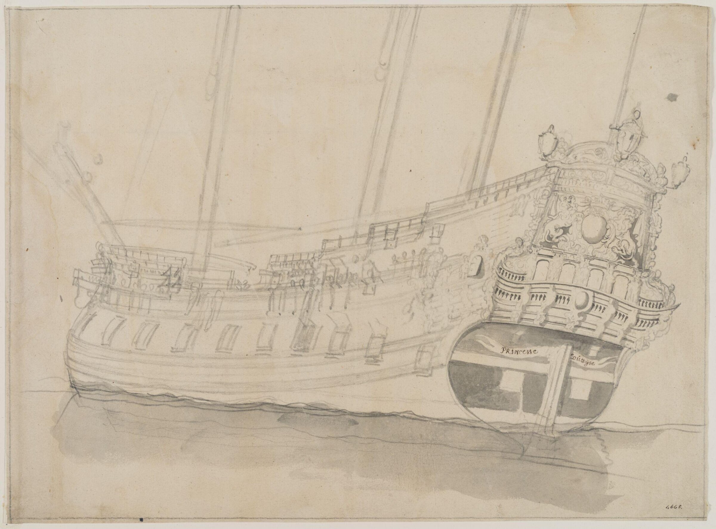 Hull of Dutch Ship <i>Prinses Louise</i>; From the Port Quarter, Willem van de Velde the Elder, 17th century