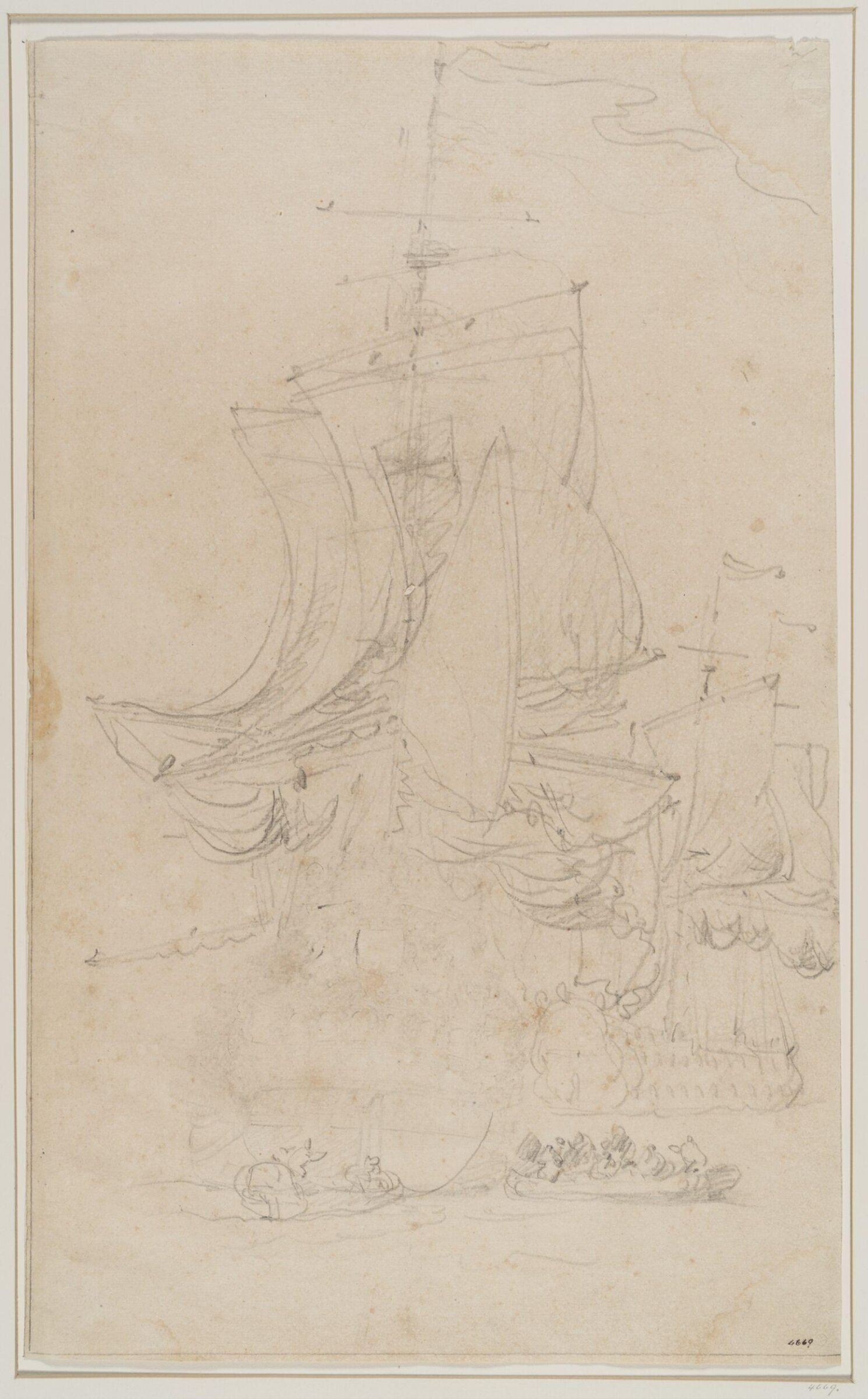 Stern View of a Dutch Ship Lying To, With Two Rowing Boats Alongside and Another Sailing Ship Behind, Willem van de Velde the Elder, 17th century