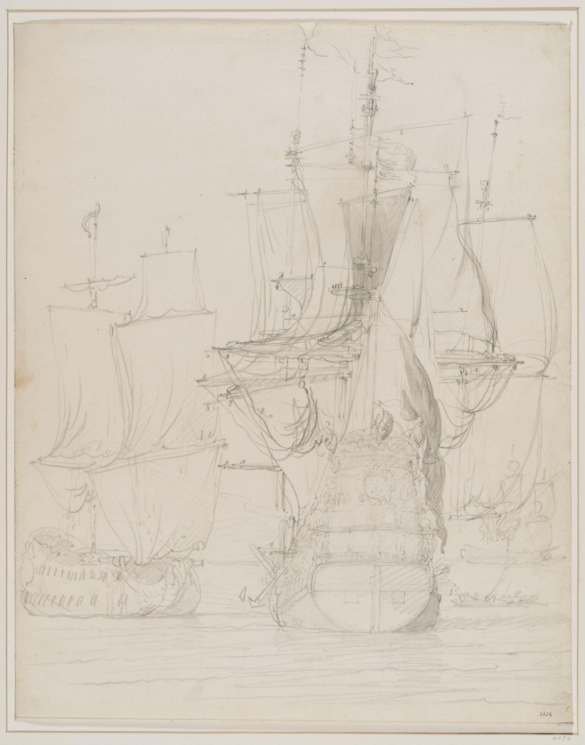 Stern View of the Dutch Ship <i>Zutphen</i> with Other Craft, Willem van de Velde the Elder, 17th century