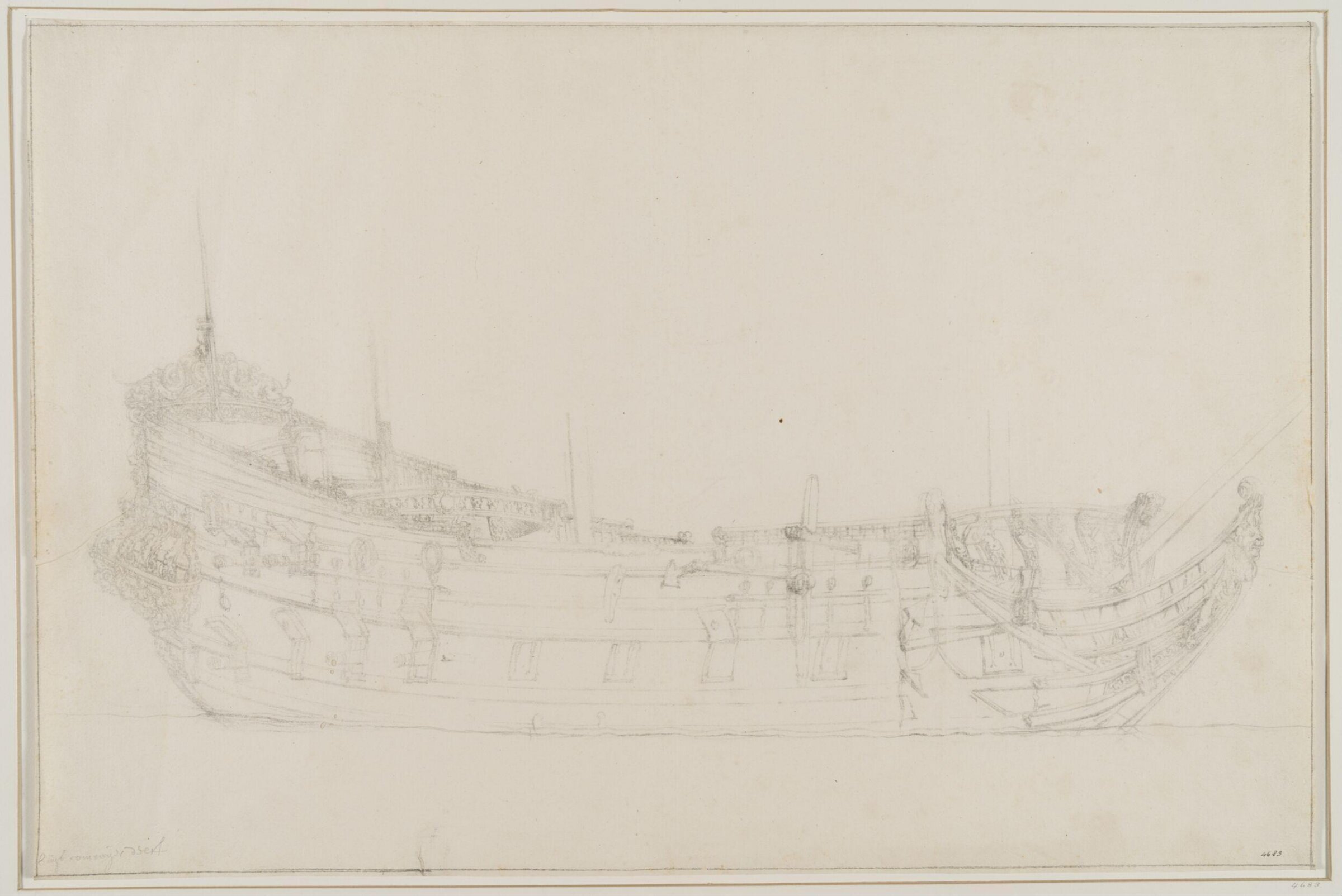 Hull of the Dutch Ship <i>Delft</i>; Broadside View, Willem van de Velde the Elder, c. 1665