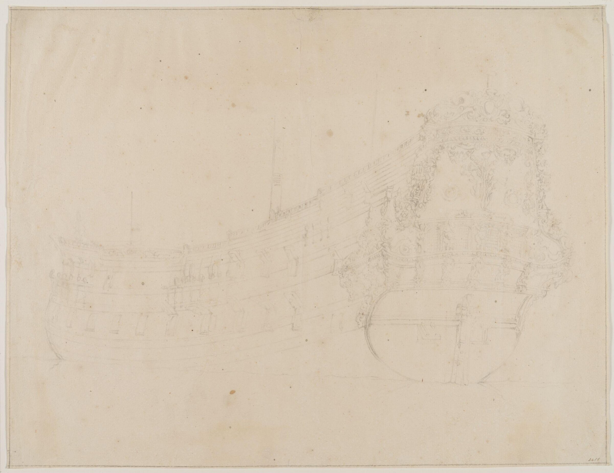Hull of the Dutch Ship <i>Vlasbloom</i>; from Astern, Willem van de Velde the Elder, 17th century