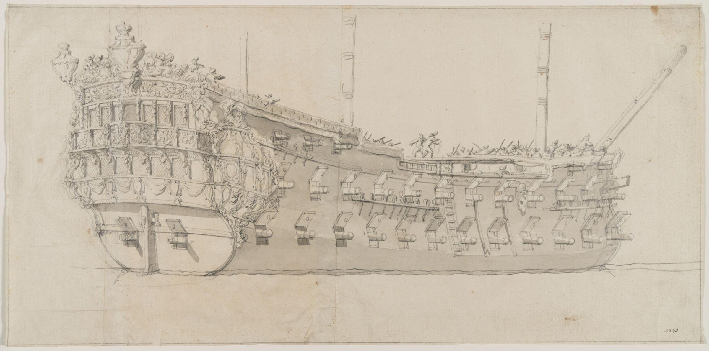 Hull of a French Two-Decker; Quarter View, Willem van de Velde the Elder, 17th century