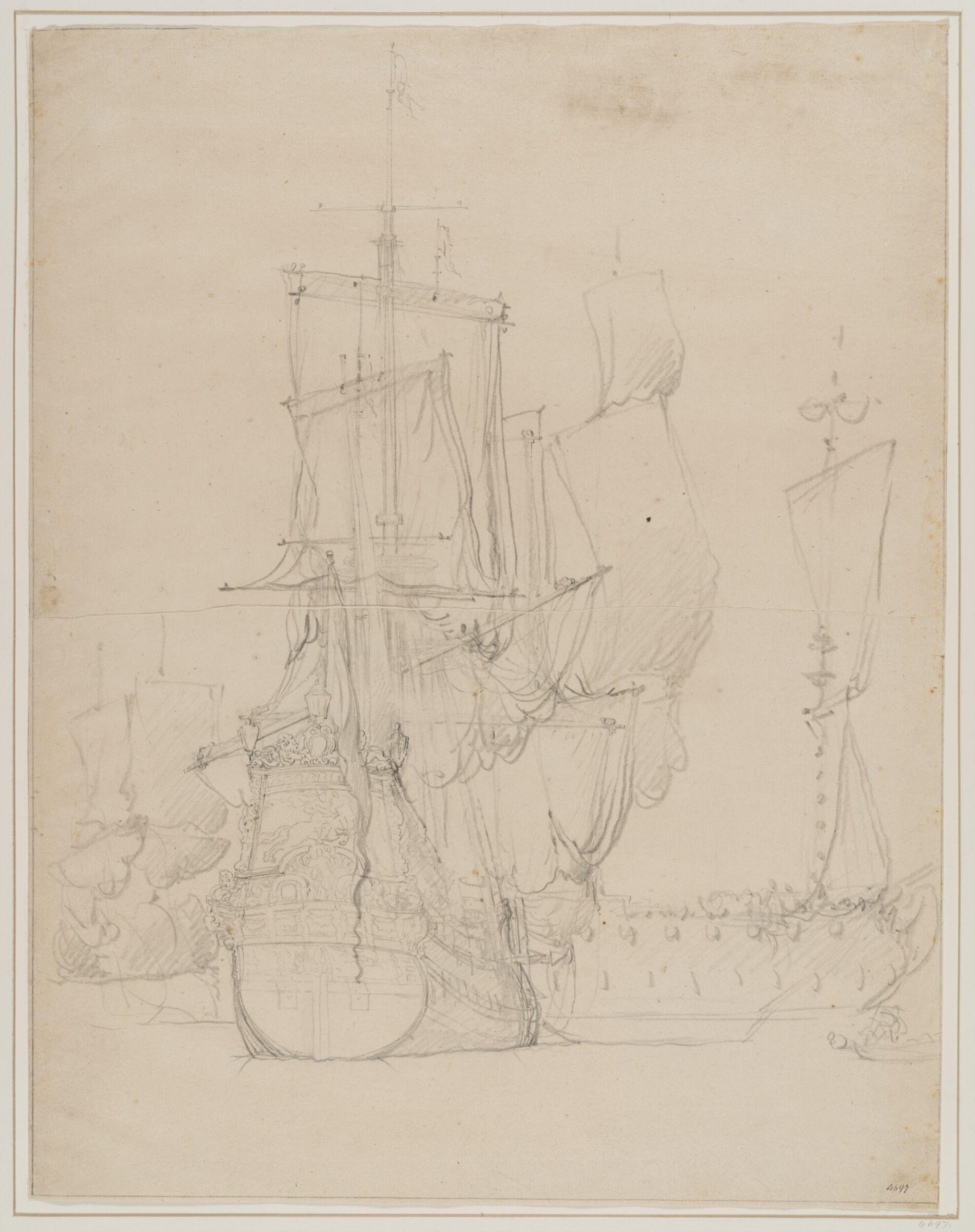 The Dutch Ship <i>Prins Te Paard</i> at Anchor Drying Sails; Stern View, Willem van de Velde the Elder, 17th century