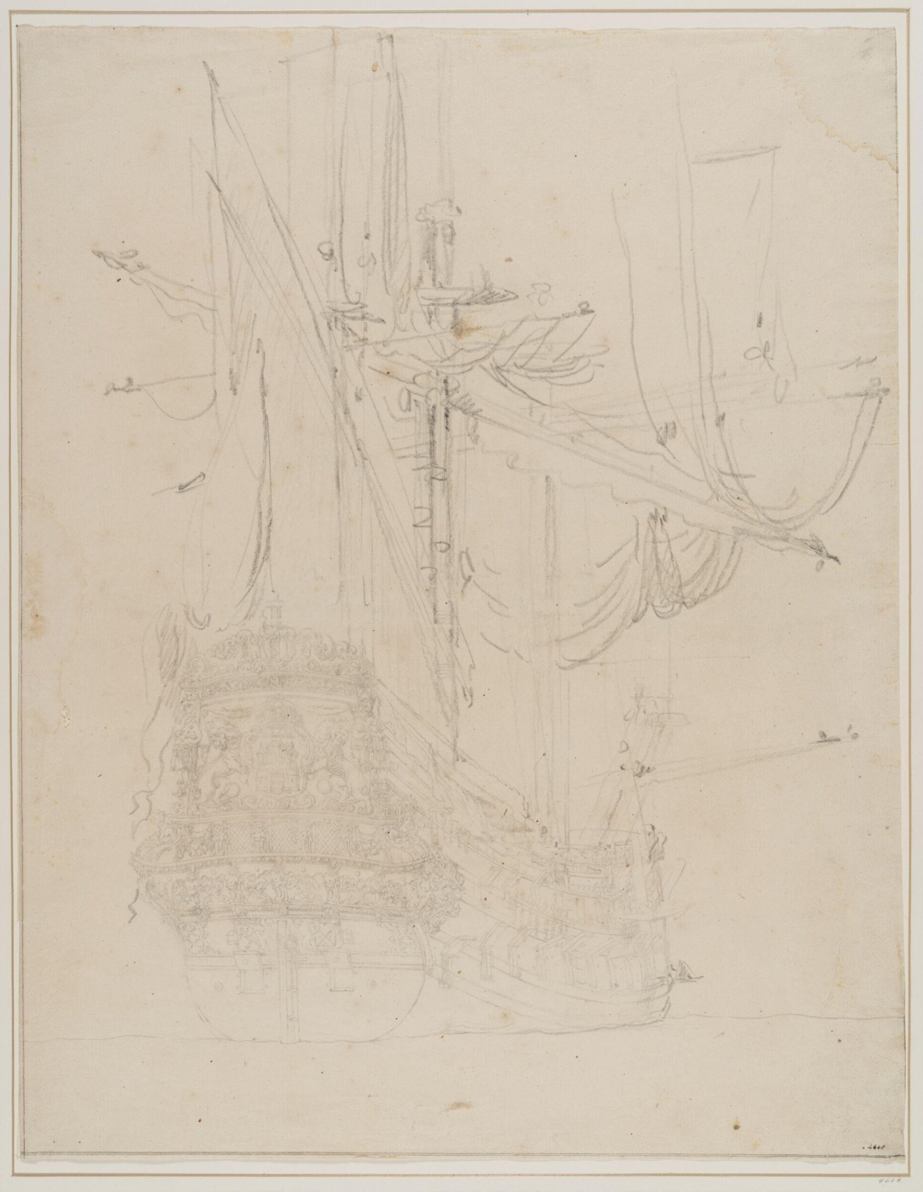 Stern View of a Dutch Man-Of-War, Willem van de Velde the Elder, 17th century