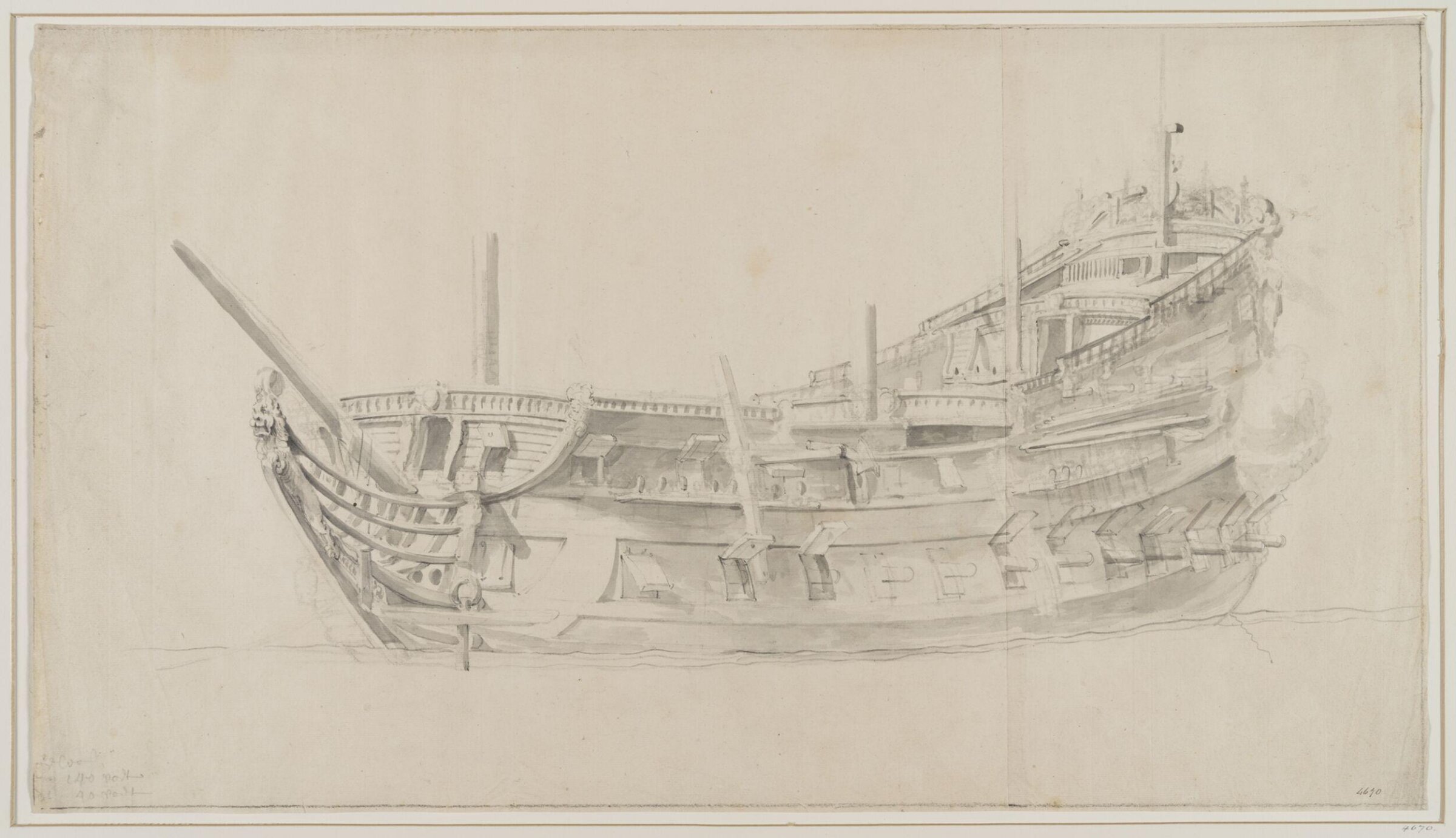 Hull of the Dutch ship Geloof; from ahead, port side, Willem van de Velde the Elder, 17th century