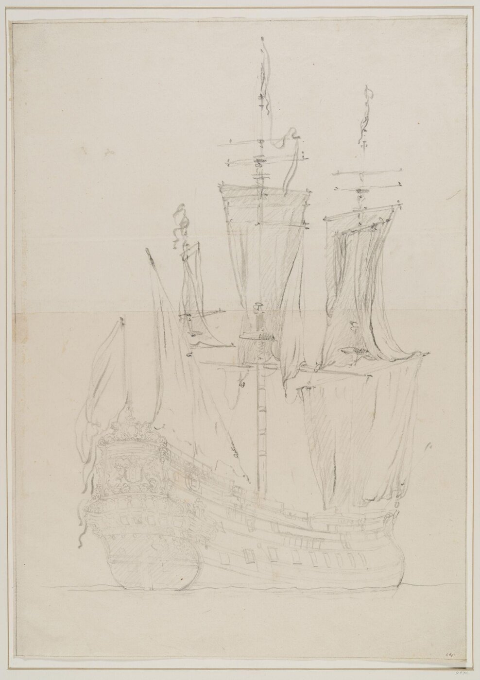 Willem van de Velde the elder, A Dutch Ship, possibly the Amsterdam; Quarter View, with the sails hanging loose