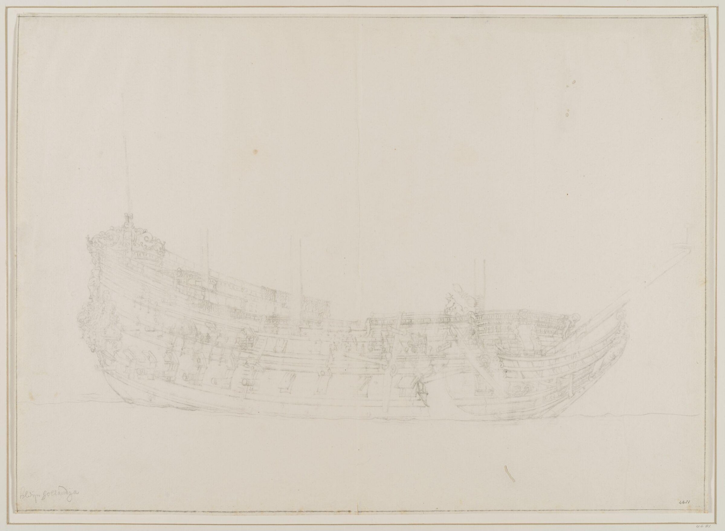 Hull of the Dutch Ship <i>Klein Hollandia</i>; Broadside View, Willem van de Velde the Elder, 17th century