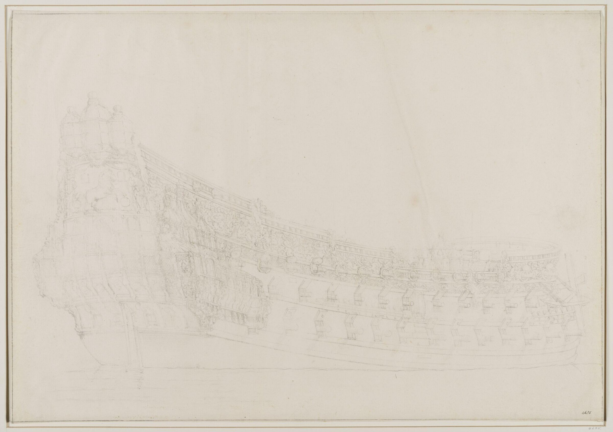 Hull of a Three-Decker, the Danish Ship <i>Sophia Amalia</i>; from Astern, Willem van de Velde the Elder, 17th century