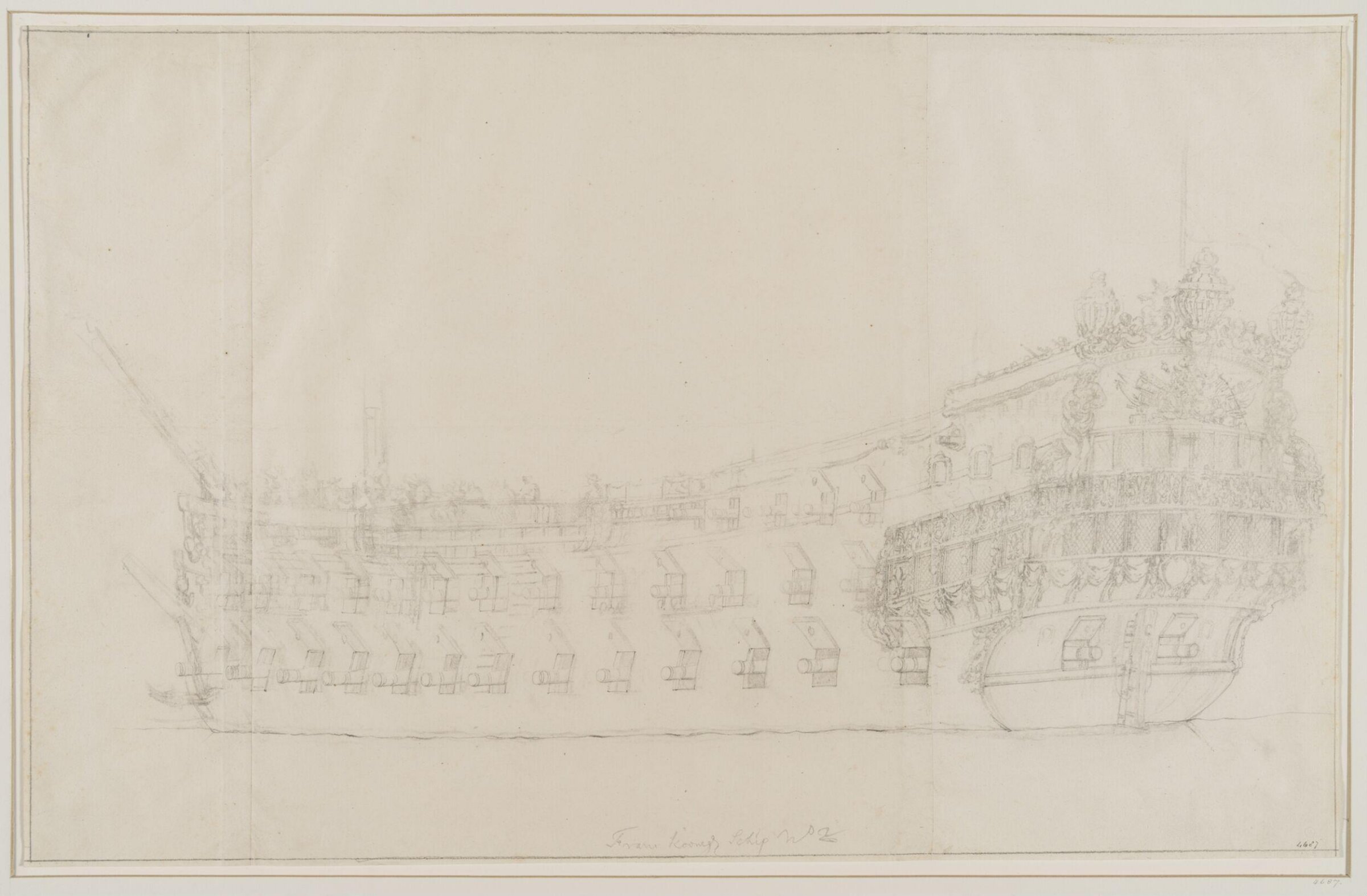 Hull of a French Ship, probably the <i>Orgueilleux</i>; from Astern, Willem van de Velde the Elder, 17th century