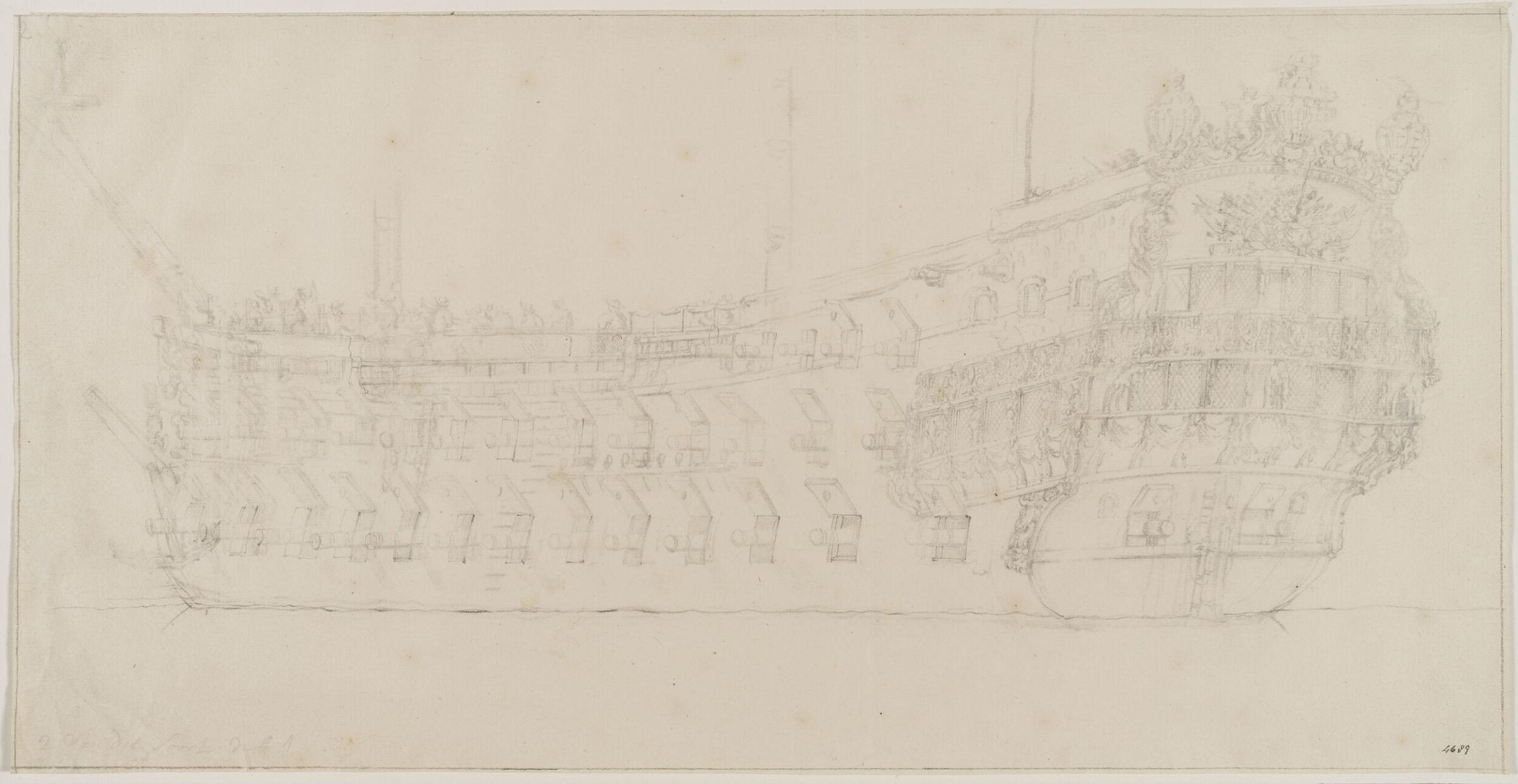 Hull of a French Ship, probably the <i>Orgueilleux</i>; from Astern, Willem van de Velde the Elder, 17th century