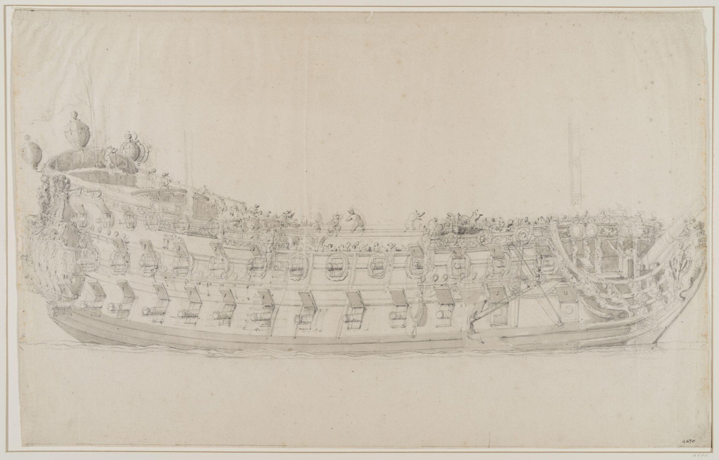Hull of an English Two-Decker; Broadside View, Willem van de Velde the Elder, 17th century