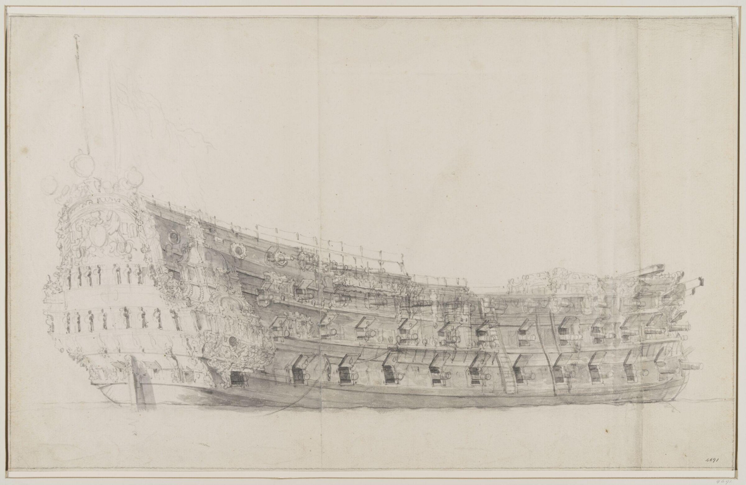 Hull of an English Three-Decker; from Astern, Starboard Side, Willem van de Velde the Elder, 17th century