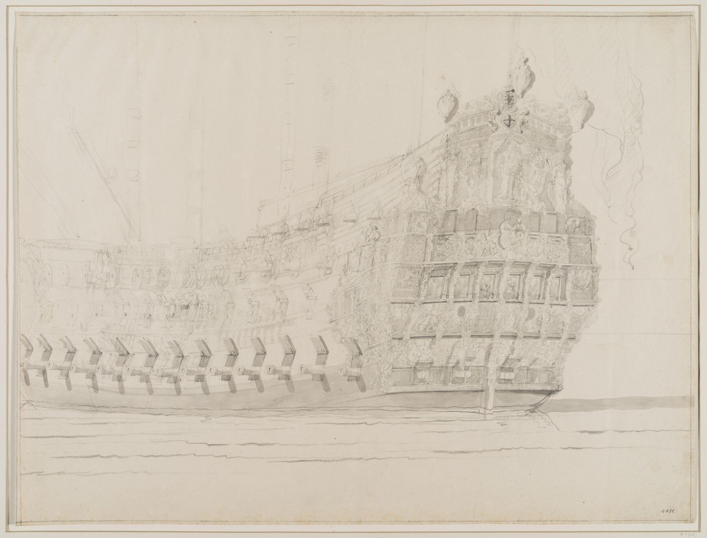 Hull of an English Three-Decker; from Astern, probably Fanciful, Willem van de Velde the Elder, 17th century