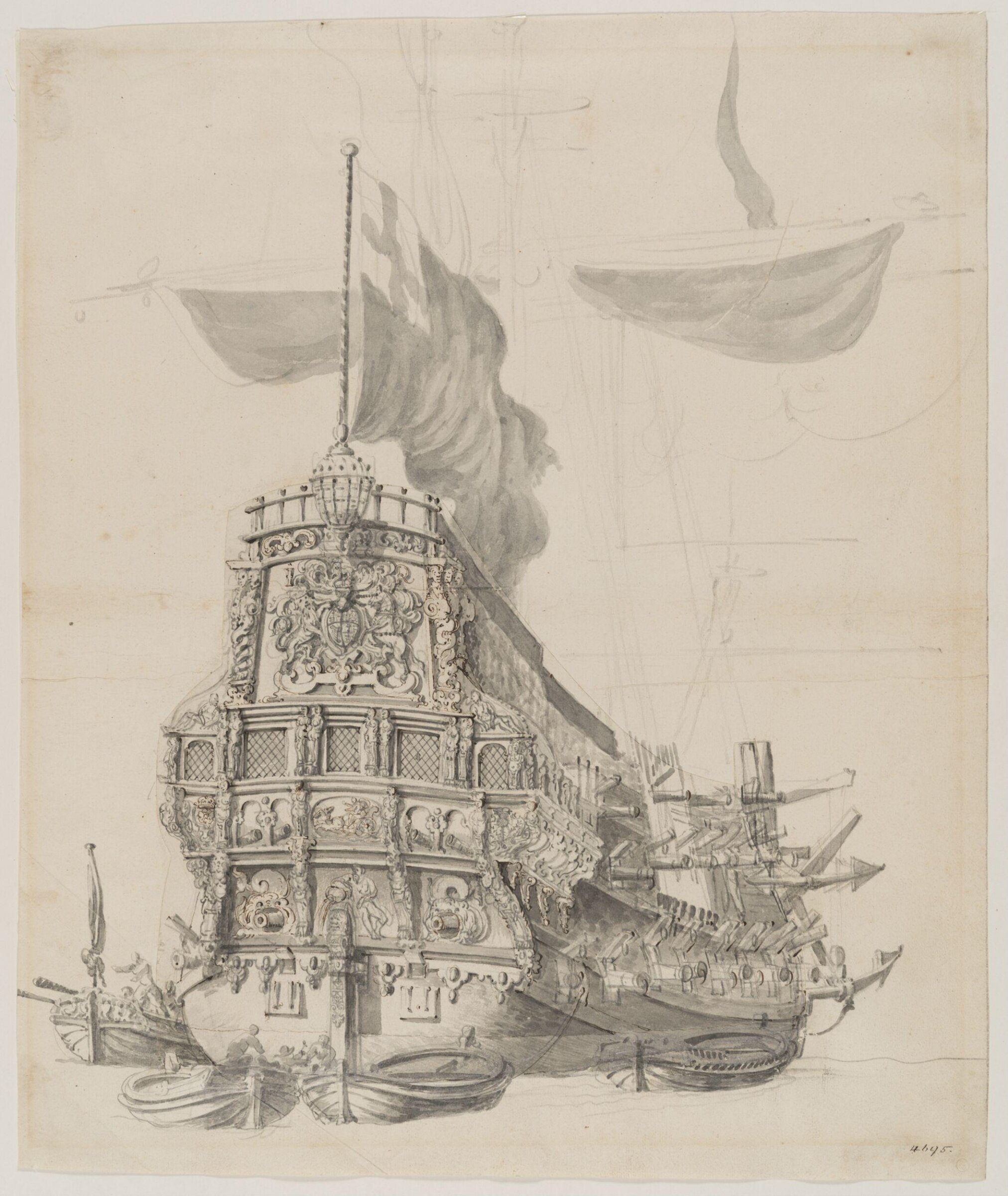 Stern View of the English Ship <i>Convertine</i>; at Anchor, with Barges Alongside, Willem van de Velde the Elder, 17th century