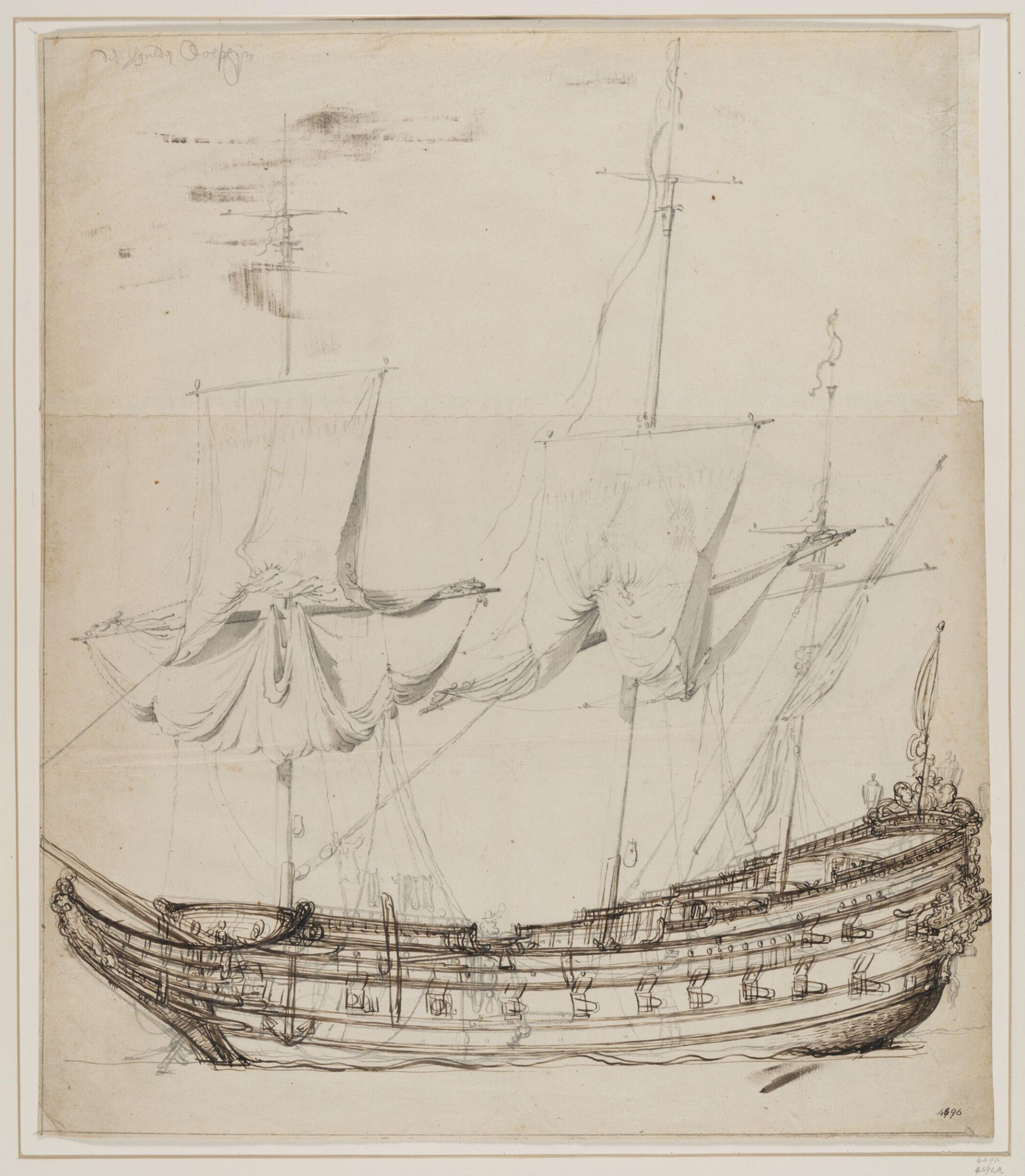 recto: 'The Dutch Ship <i>Vergulde Dolphijn</i>, Lying to; Broadside View', Willem van de Velde the Elder, 17th century