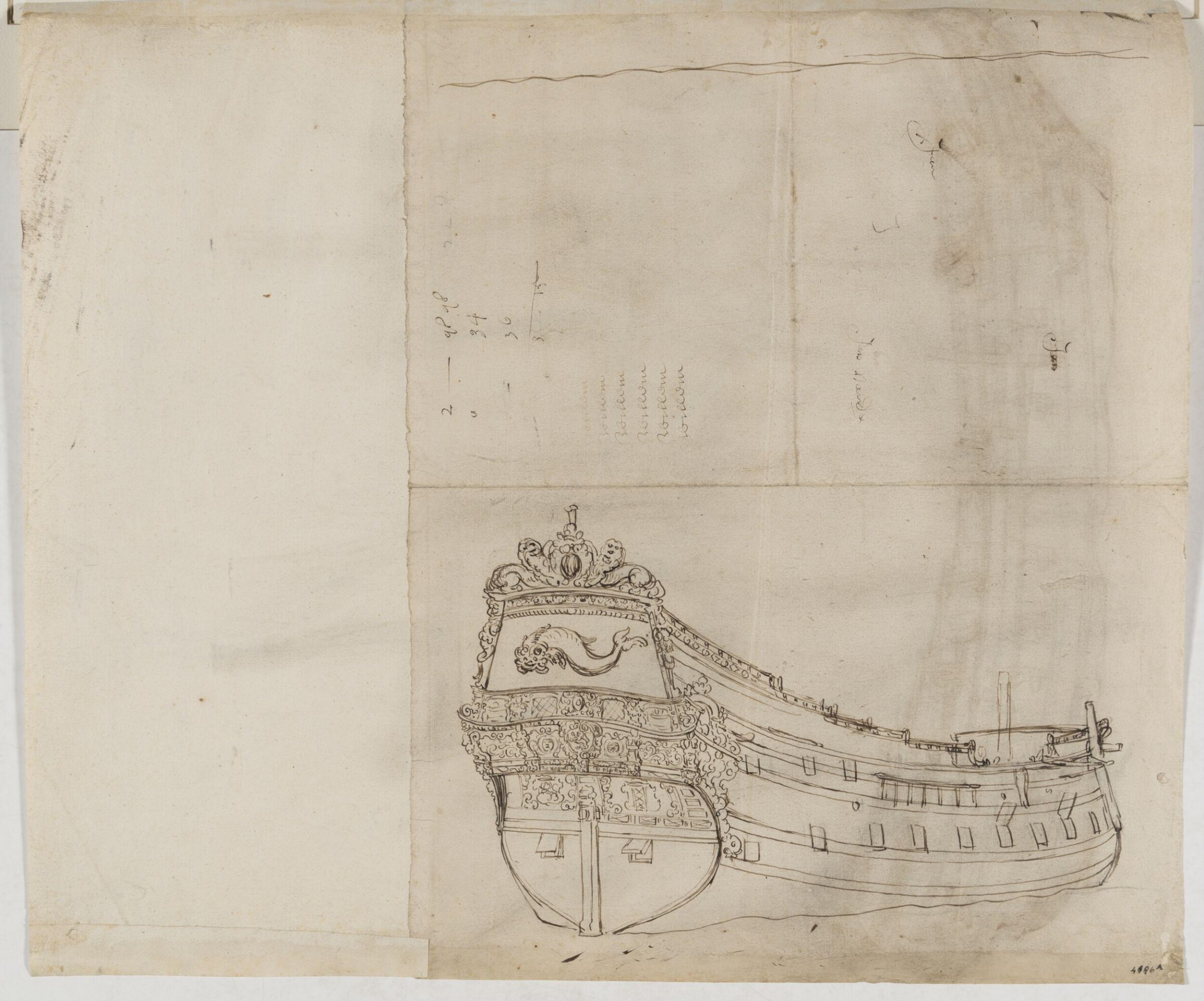 verso: 'The  Vergulde Dolphijn ; Stern View, Willem van de Velde the Elder, 17th century