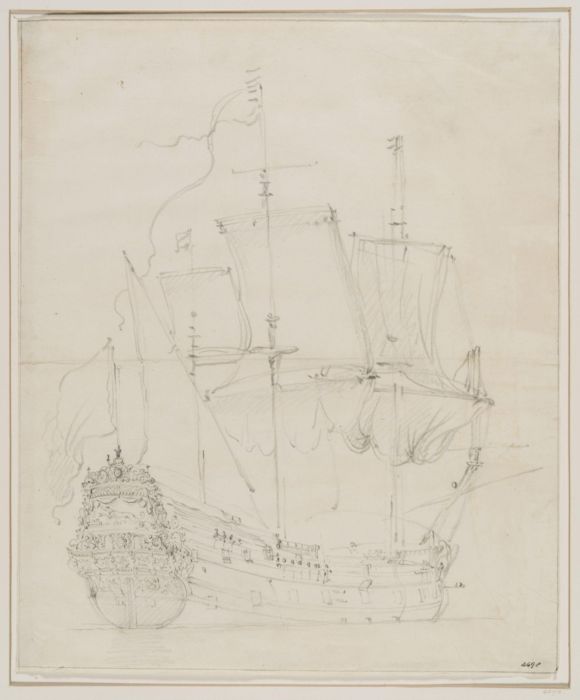 The Dutch Ship <i>Windhond</i> und Sail; From the Starboard Quarter, Willem van de Velde the Elder, 17th century