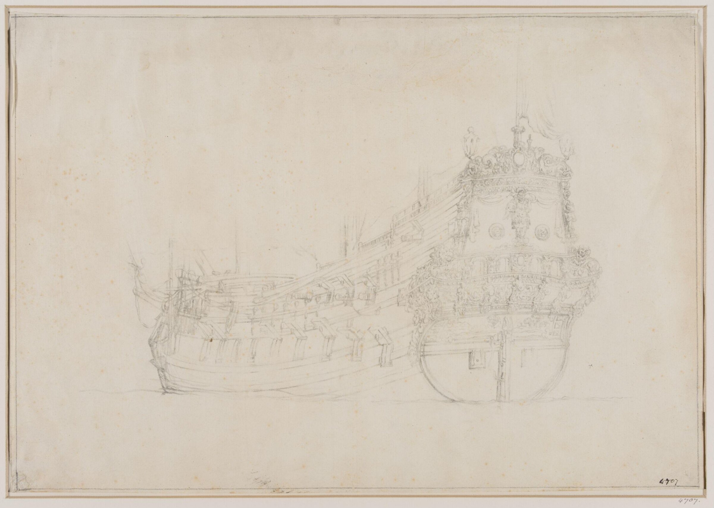 Hull of a Dutch Ship, possibly the <i>David</i>; from the Port Quarter, Willem van de Velde the elder, 17th century