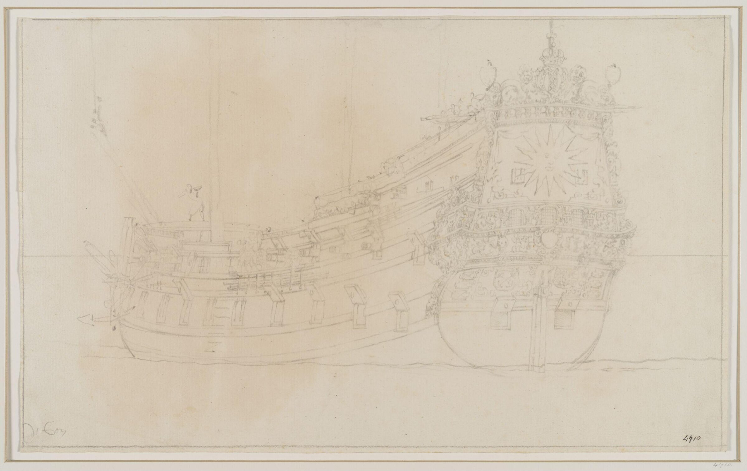 Hull of the Dutch Ship <i>Zon</i>; From Astern, Port Side, Willem van de Velde the Elder, 17th century