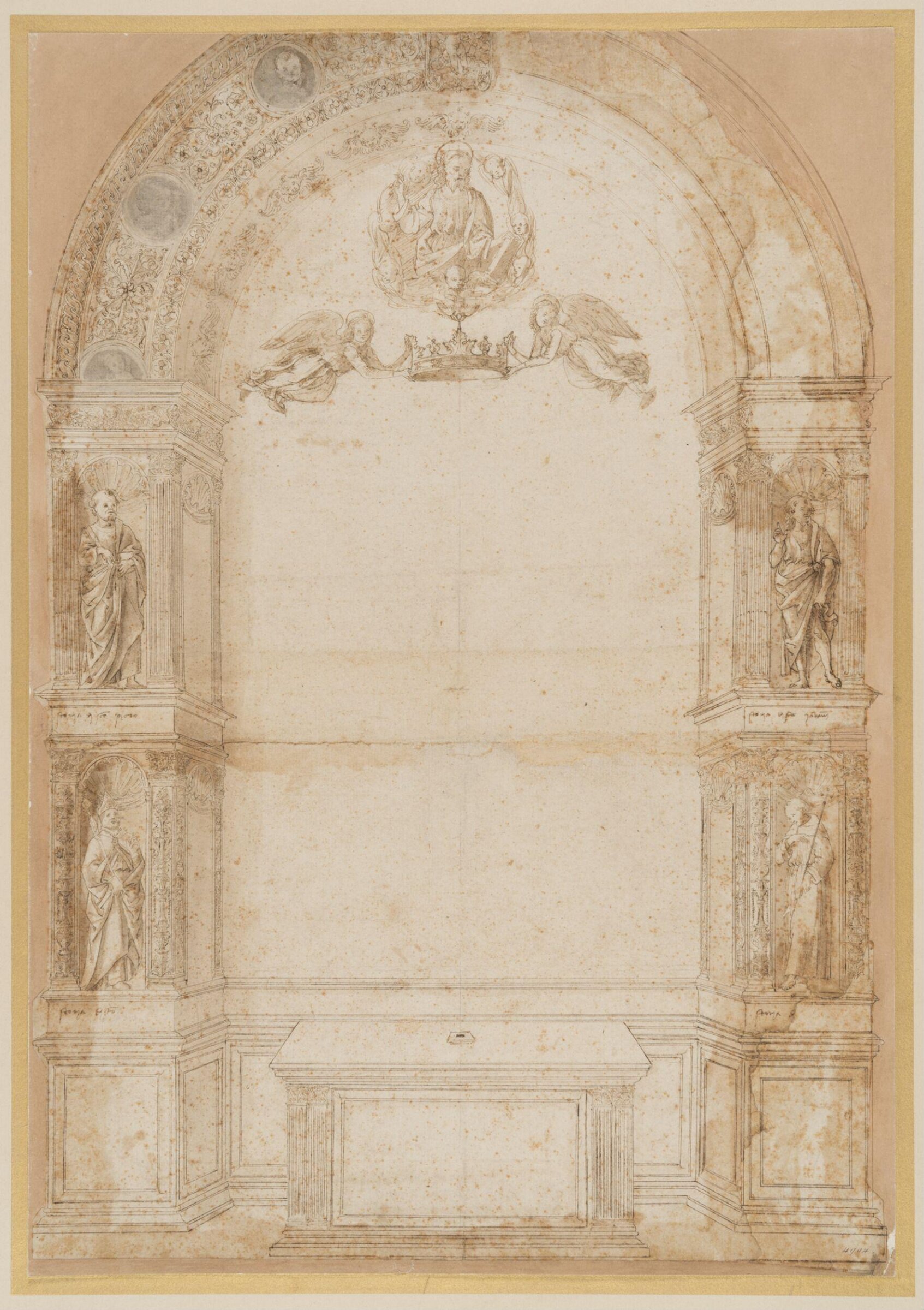 Design for an altar with an arched frame decorated with four niches containing saints, Francesco di Simone Ferrucci, 1480-83