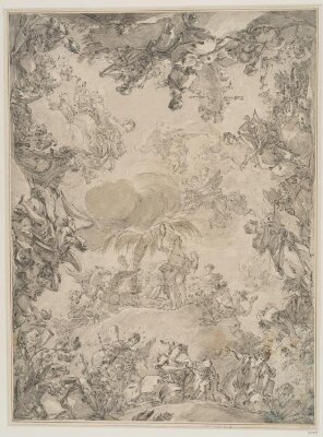 Apollo and the muses surrounded by personifications of the arts and sceinces