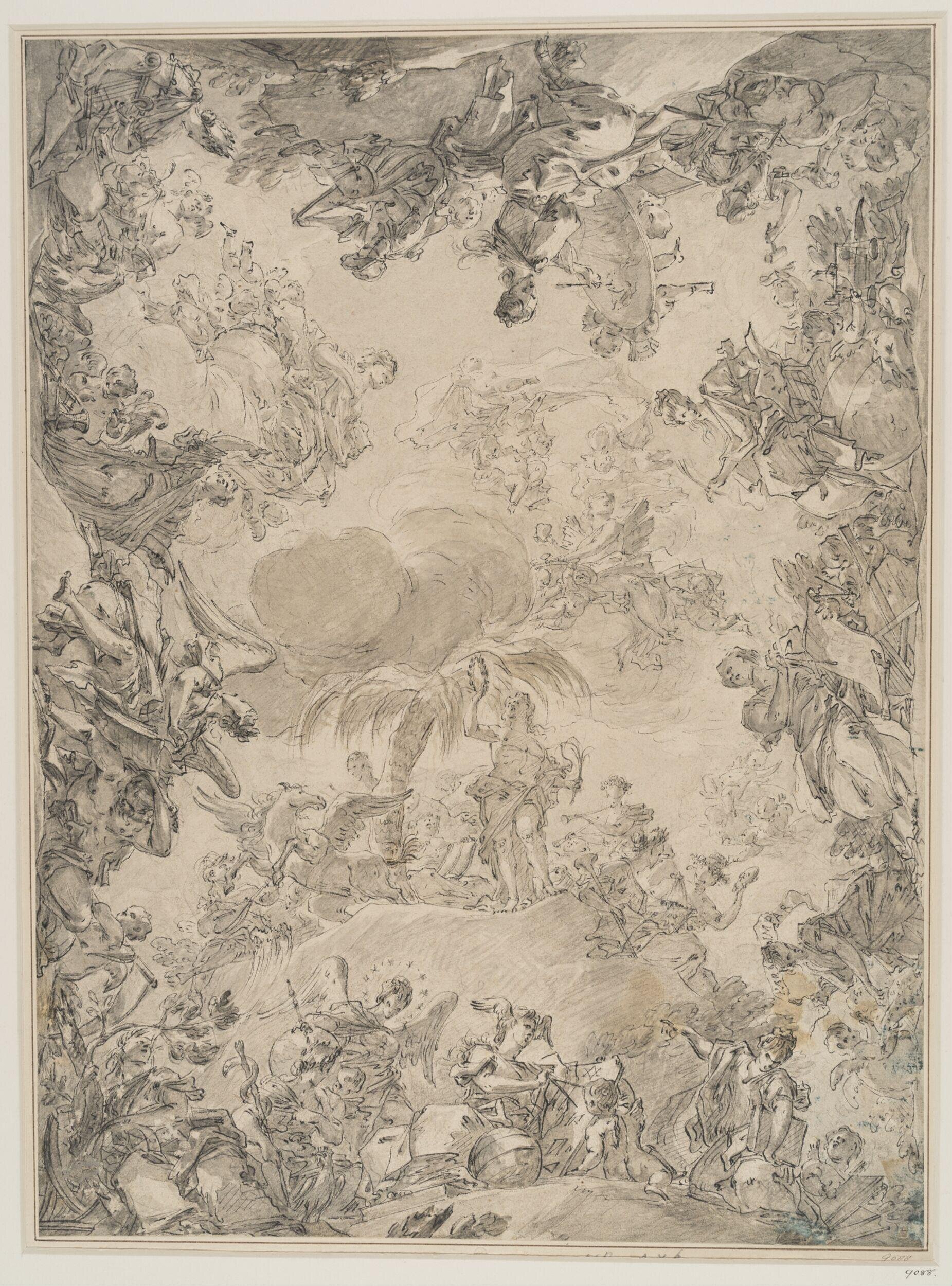 Apollo and the muses surrounded by personifications of the arts and sceinces