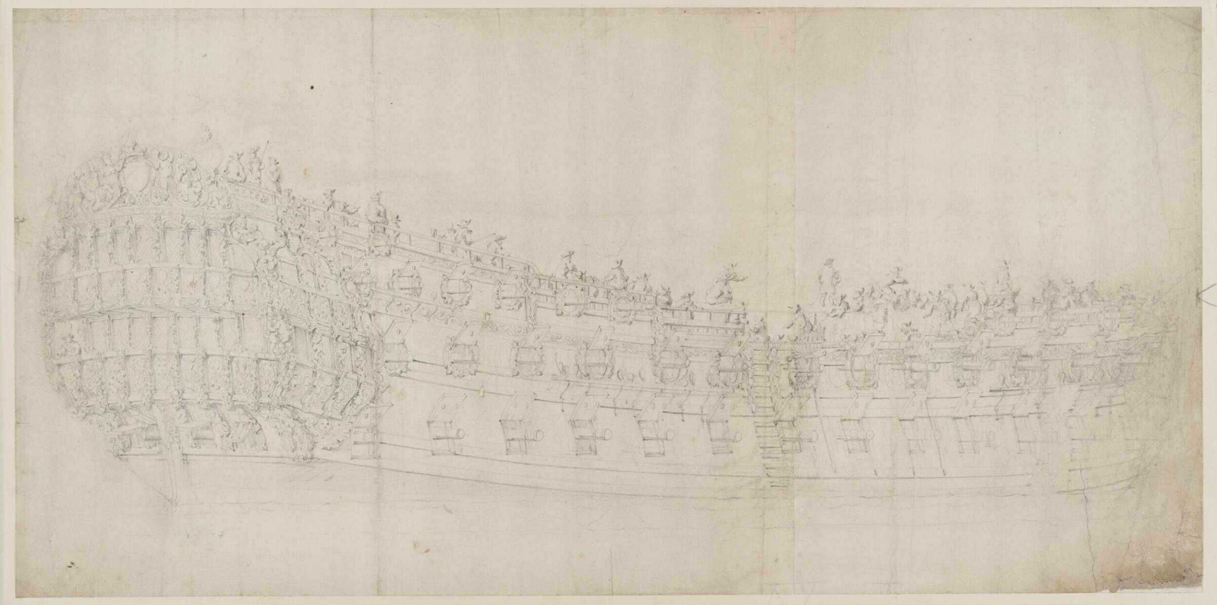 Hull of an English two-decker, from the starboard quarter, willem van de velde the elder, 17th century