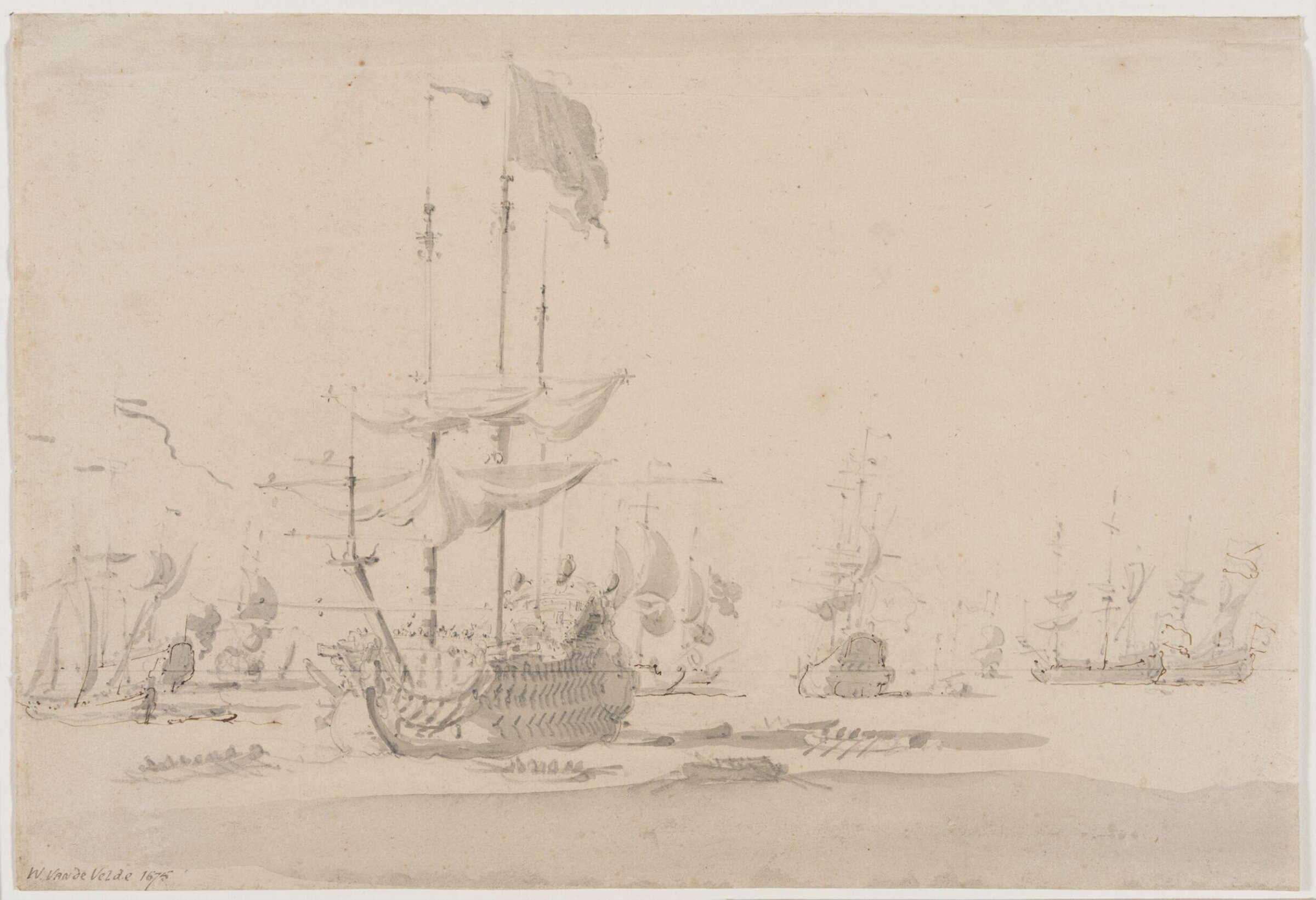 The English fleet at anchor after the battle of Schooneveld, 1673, Willem van de Velde the Elder, 1673