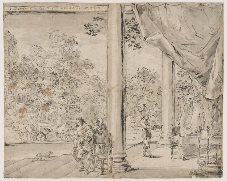 recto: Elegant couple in a curtained loggia with servant bringing food to a table top image
