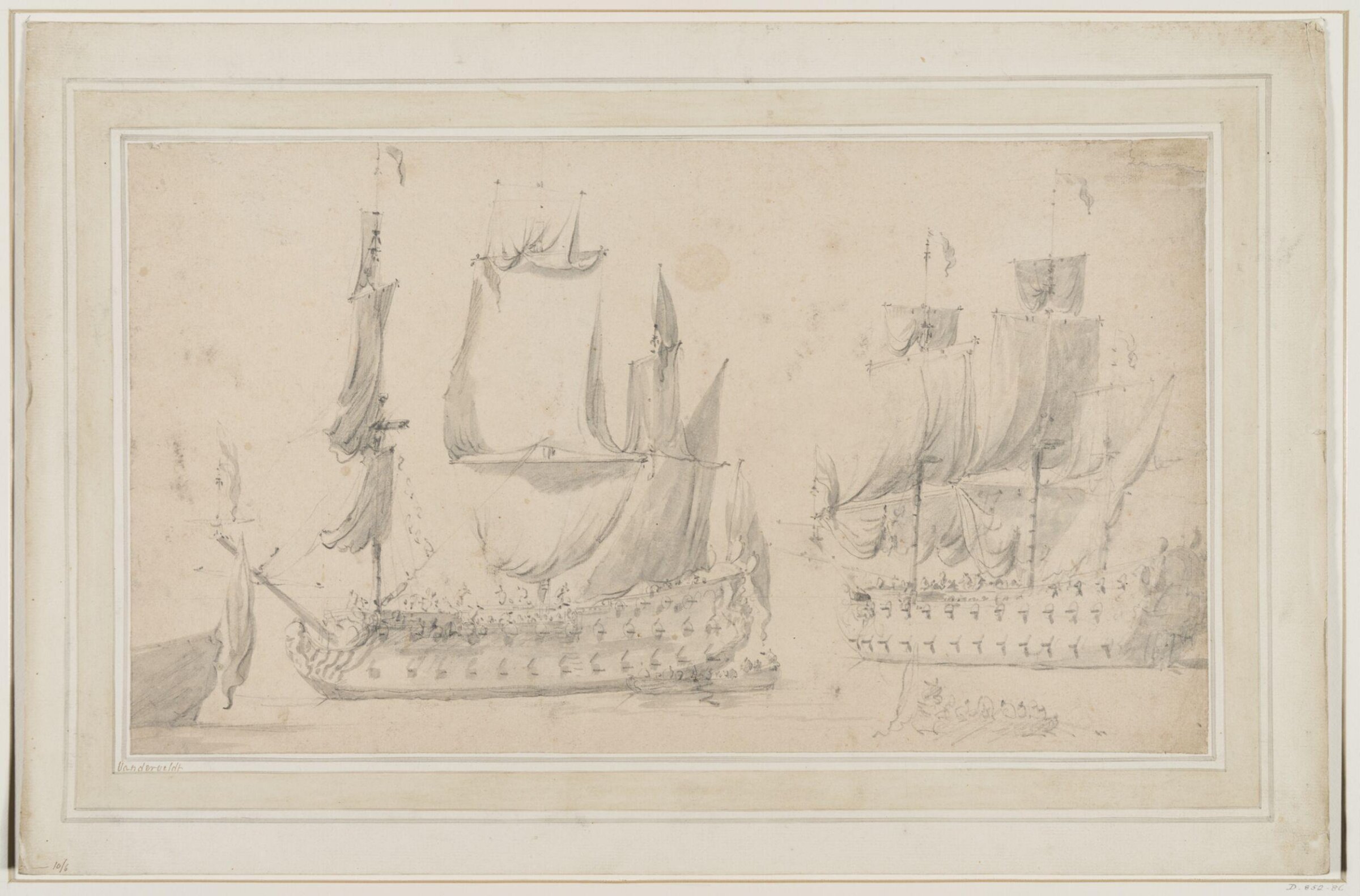 Two English ships becalmed, with two rowing boats in the foreground, willem van de velde