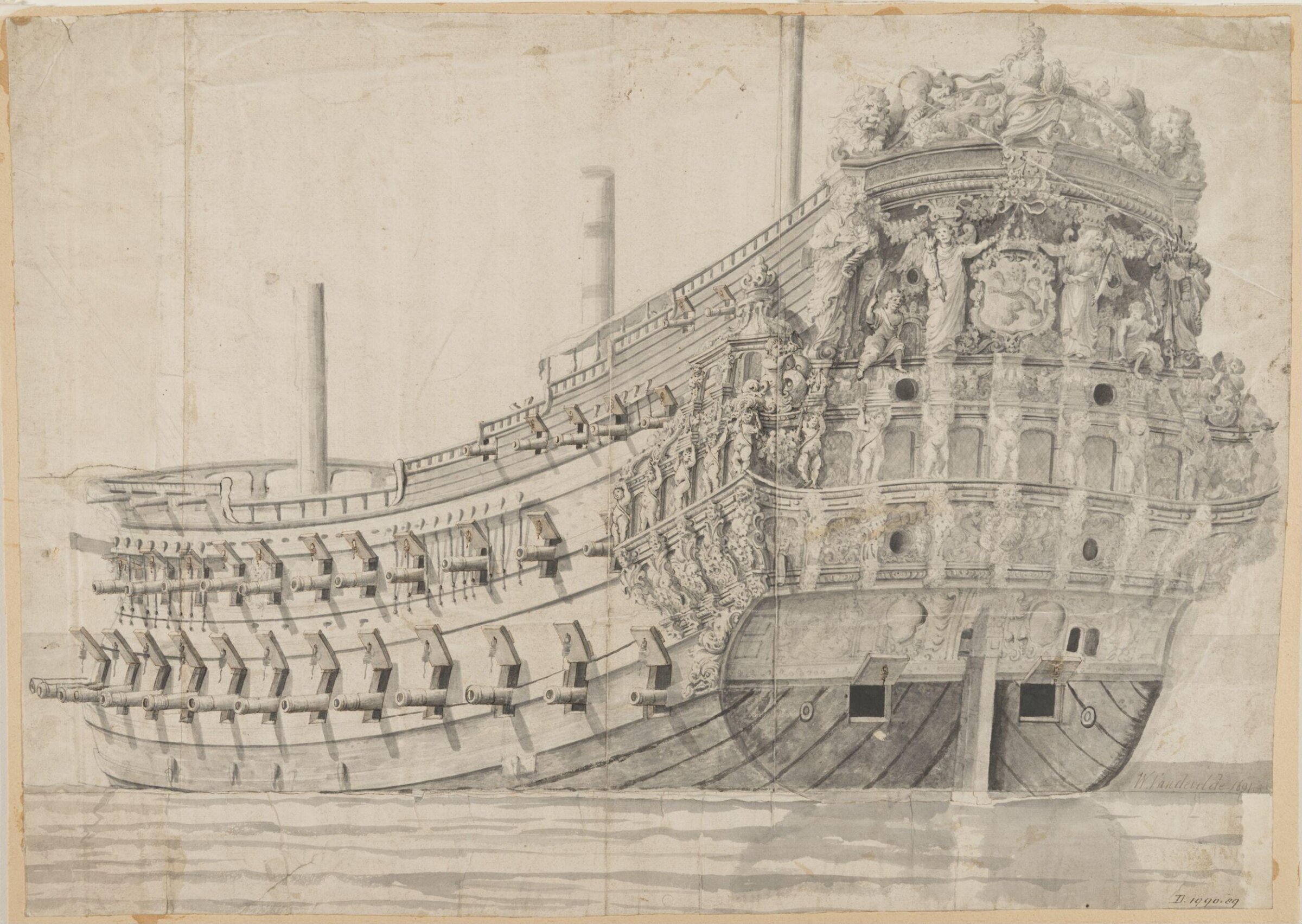 Hull of a Dutch Two-decker; viewed from the port quarter, Willem van de Velde the elder, 17th century