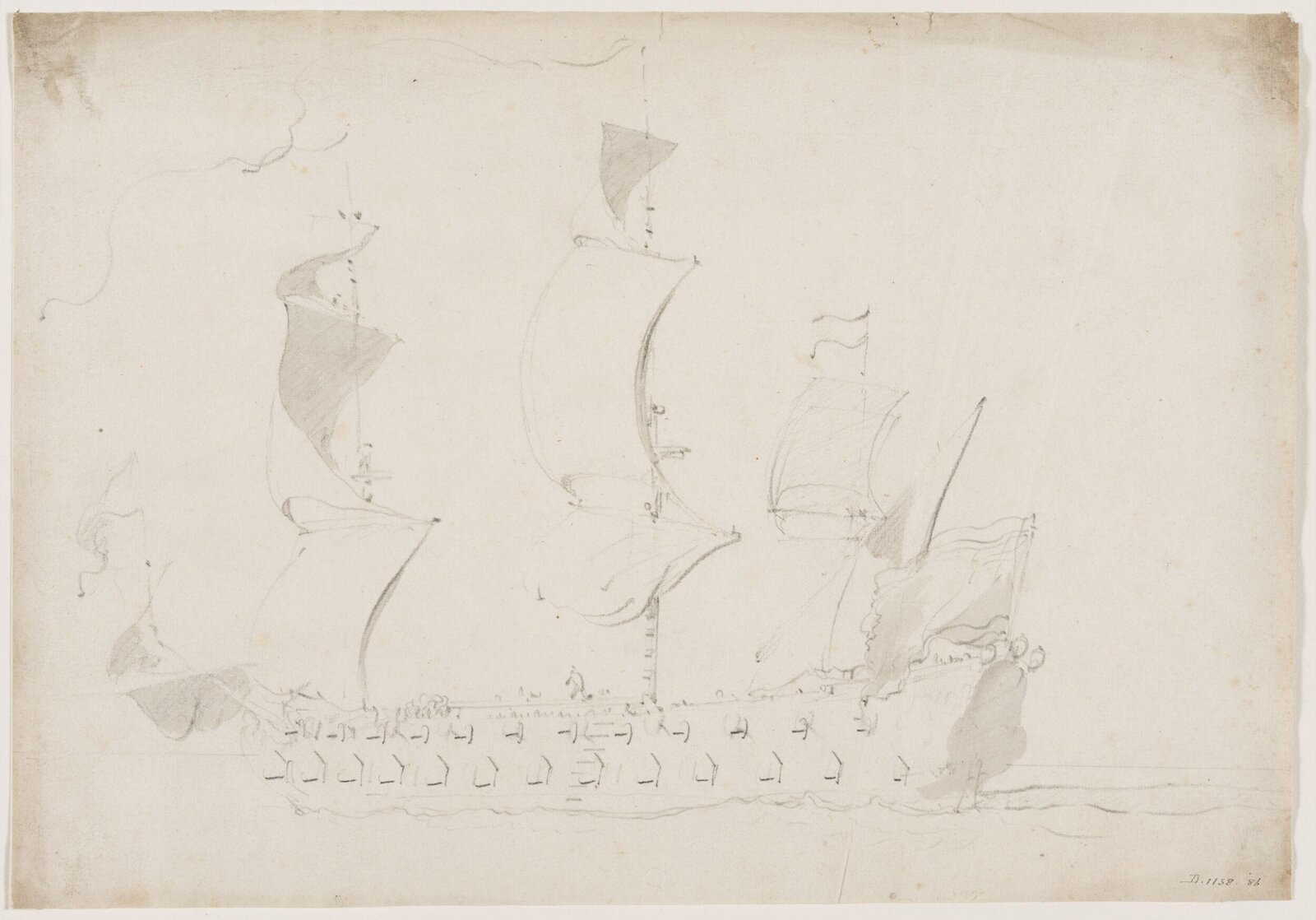 A two-decker sailing before the wind; broadside view, Willem van de velde, 17th century