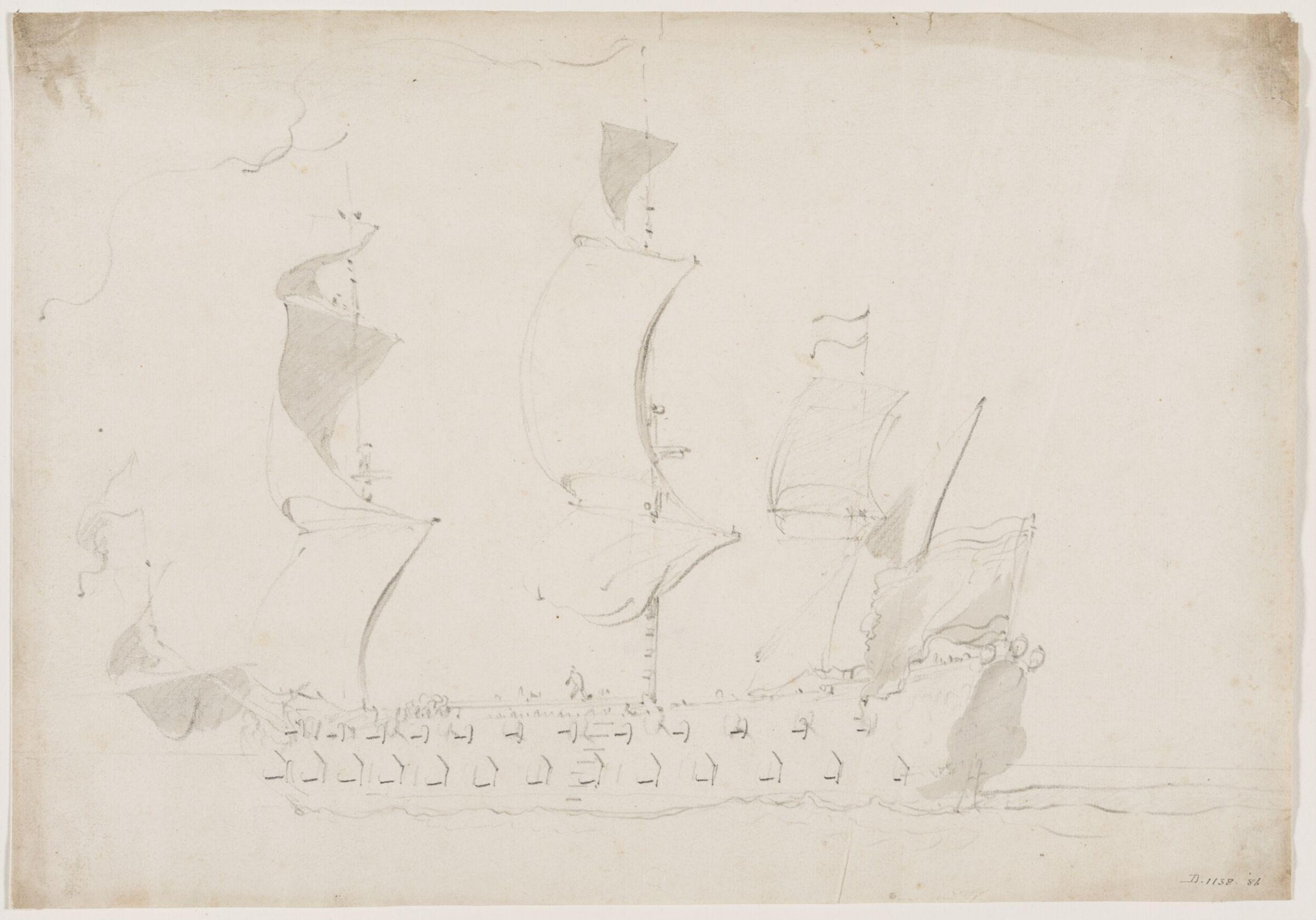 A two-decker sailing before the wind; broadside view, Willem van de velde, 17th century