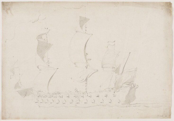 A twodecker sailing before the wind; broadside view Willem van de