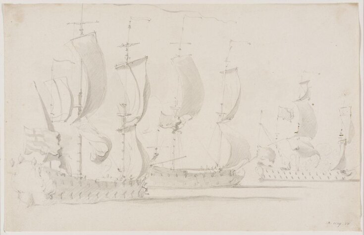 Three English ships before the wind; broadside view top image
