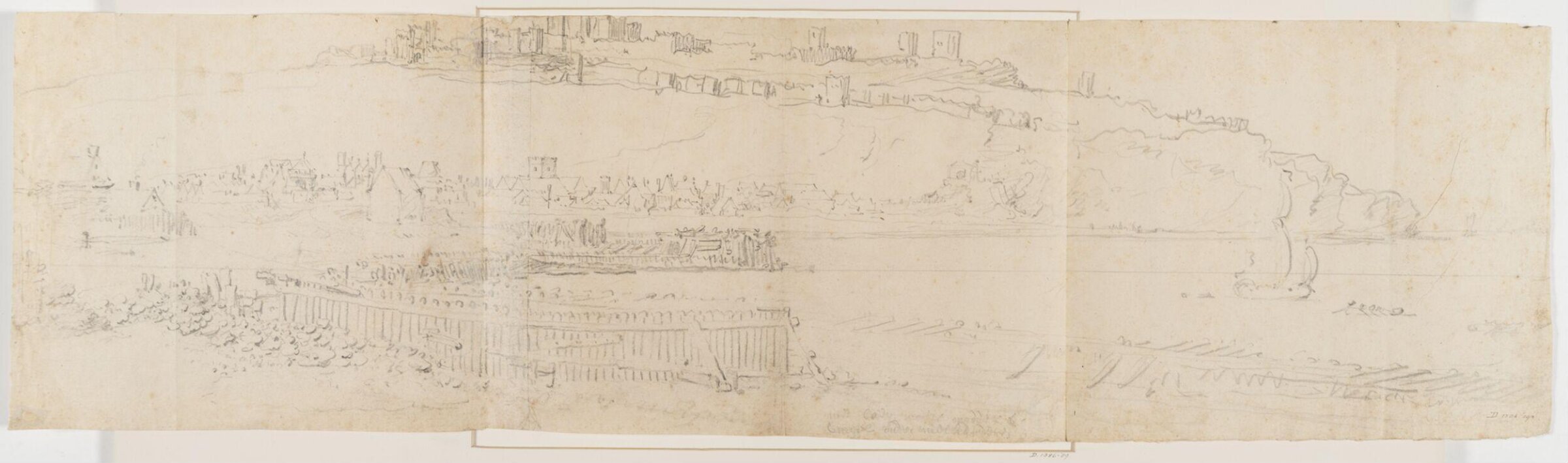 Topographical sketch of Dover castle and harbour from the west, illustrating the arrival of Mary of Modena in England in 1673, Willem van de velde the elder, 1673