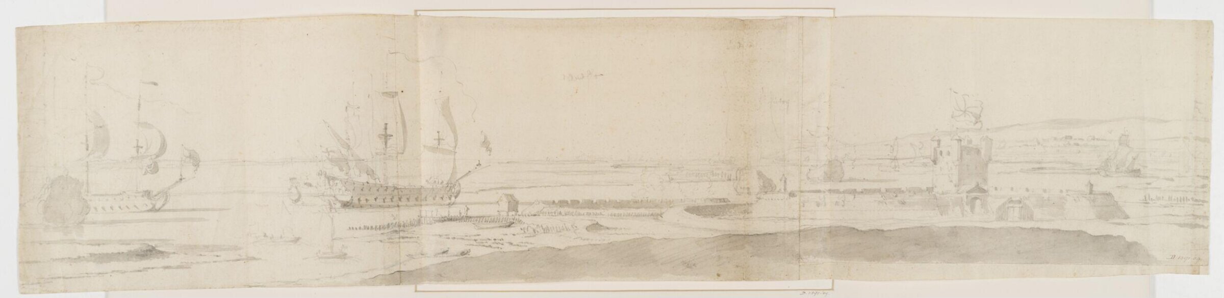 Topographical sketch of the fortified harbour at Portsmouth, with men-of-war in the sound, Willem van de Velde the elder, 1677