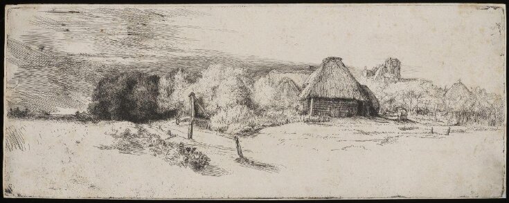 Landscape with trees, farm buildings and a tower top image