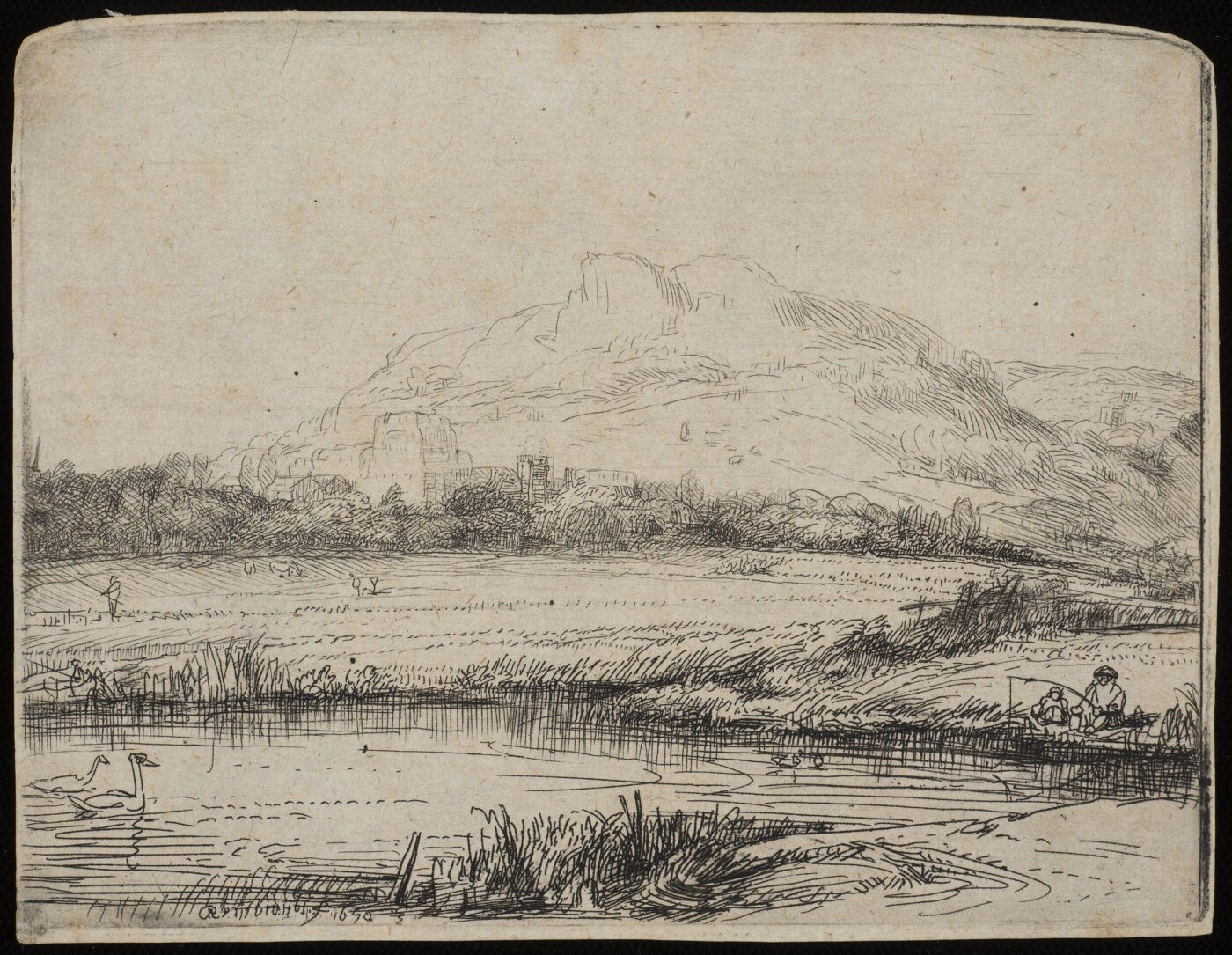Rembrandt van Rijn, Landscape with an angler and two swans